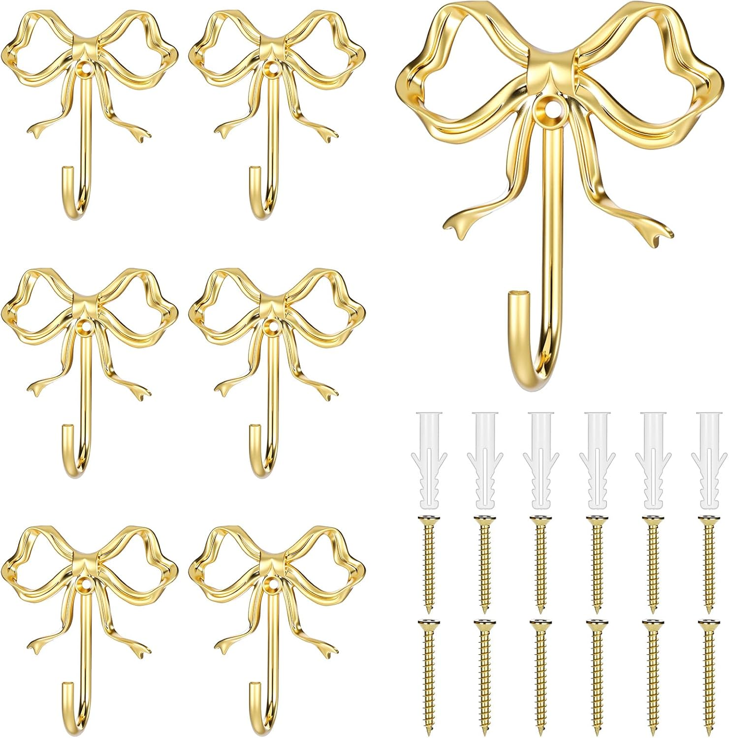 Gold Bow Wall Hooks - Set of 6 Decorative Metal Coat and Bag Holders