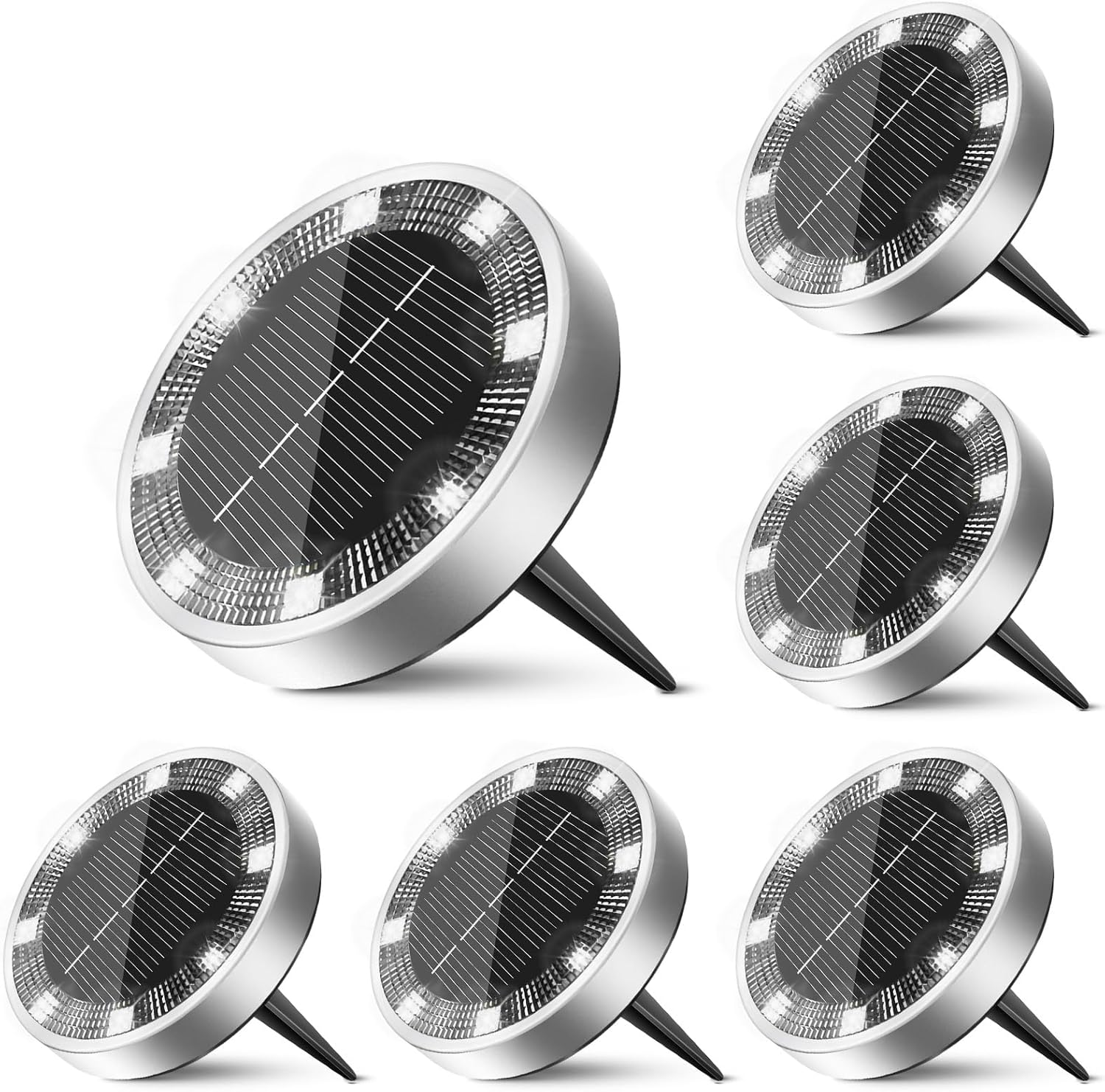 6 Pack Solar Ground Lights Outdoor, 8 LED Mini Flat Solar Disc Lights, IP65 Waterproof Puck Light Solar Powered, Landscape Lighting for Garden Walkway Driveway Pathway Yard Lawn,Cool White