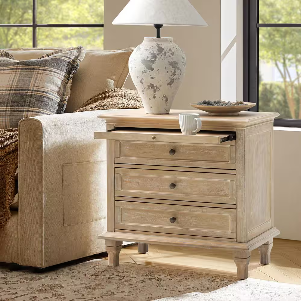 Julia Natural 27 In. H Traditional 3-Drawer Solid Wood Legs Nightstand with Charging Station