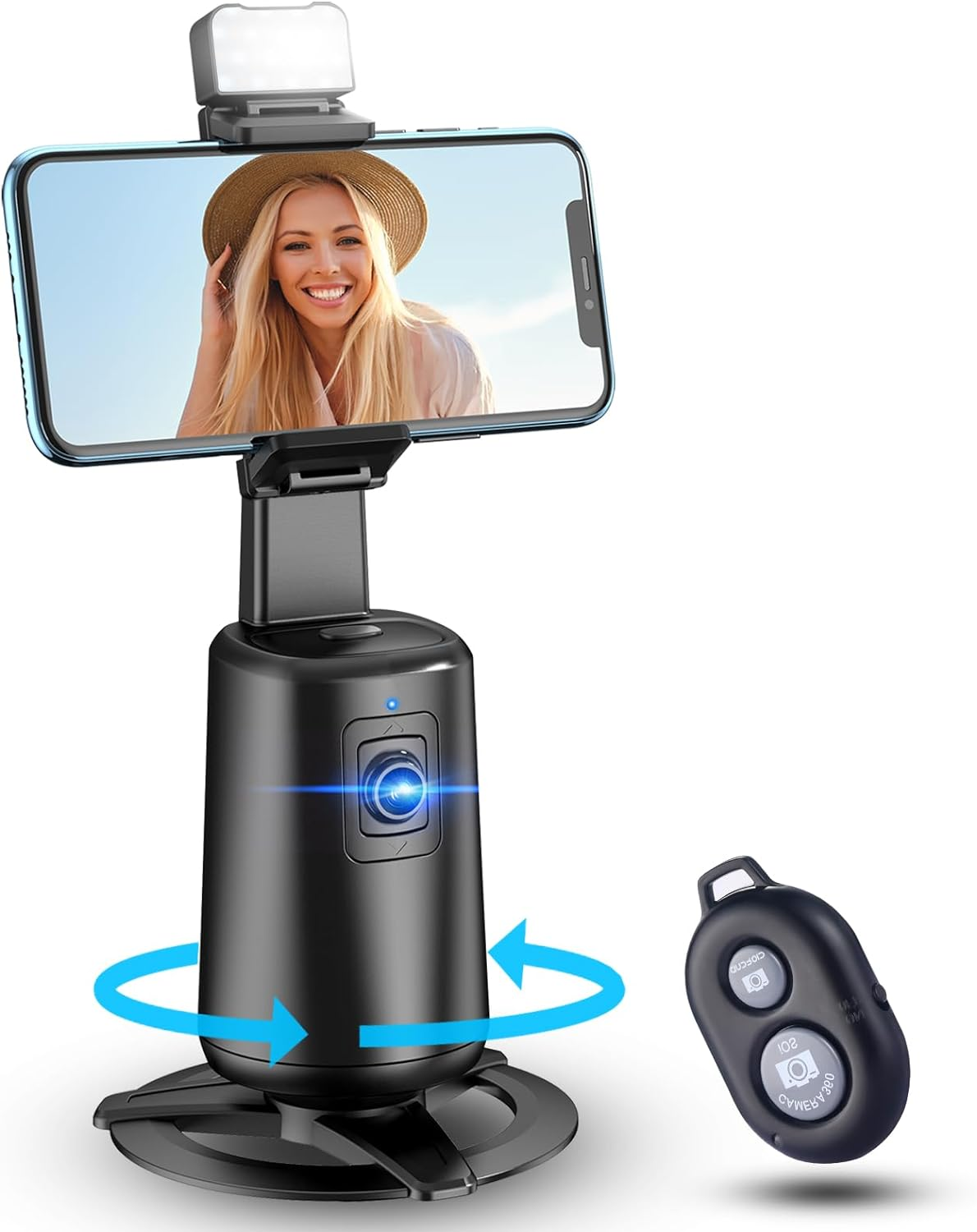 Auto Face Tracking Tripod 360° Rotating Auto Tracking Phone Stand, No App, Phone Camera Stand with Remote and Gesture Control, Rechargeable Smart Shooting Stand for Live Video Recording Tiktok(Black)