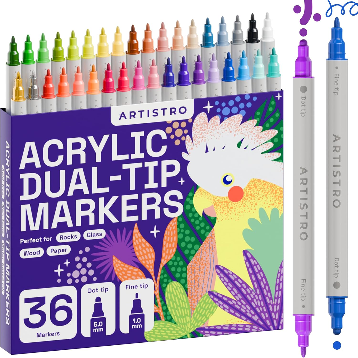 36 Acrylic Paint Pens for Rock, Fabric, Wood, Glass, Decoration - Dual Tip (Dot & Fine) Paint Markers for Coloring Books for Adults, Teens, Kids - Art and Craft Supplies Kit - Great Gift