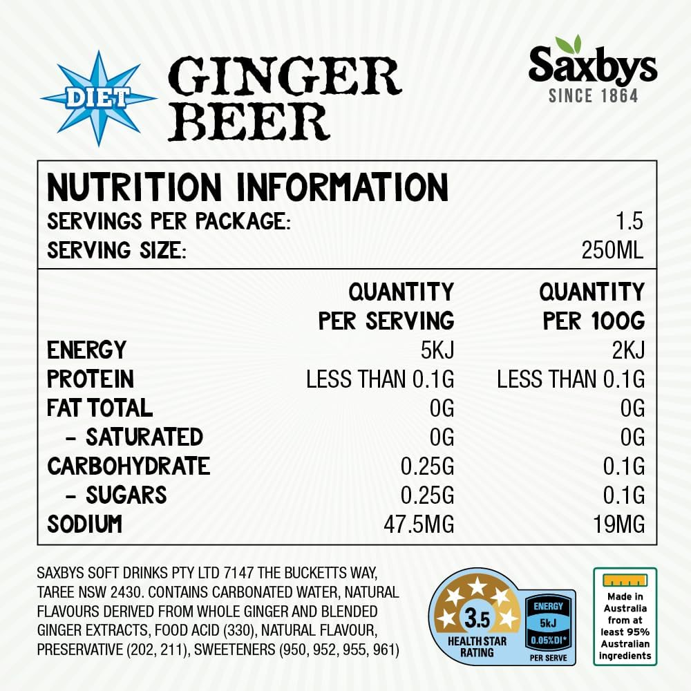 Saxby's Diet Ginger Beer 8 Pack 375mL - Picture 5 of 13