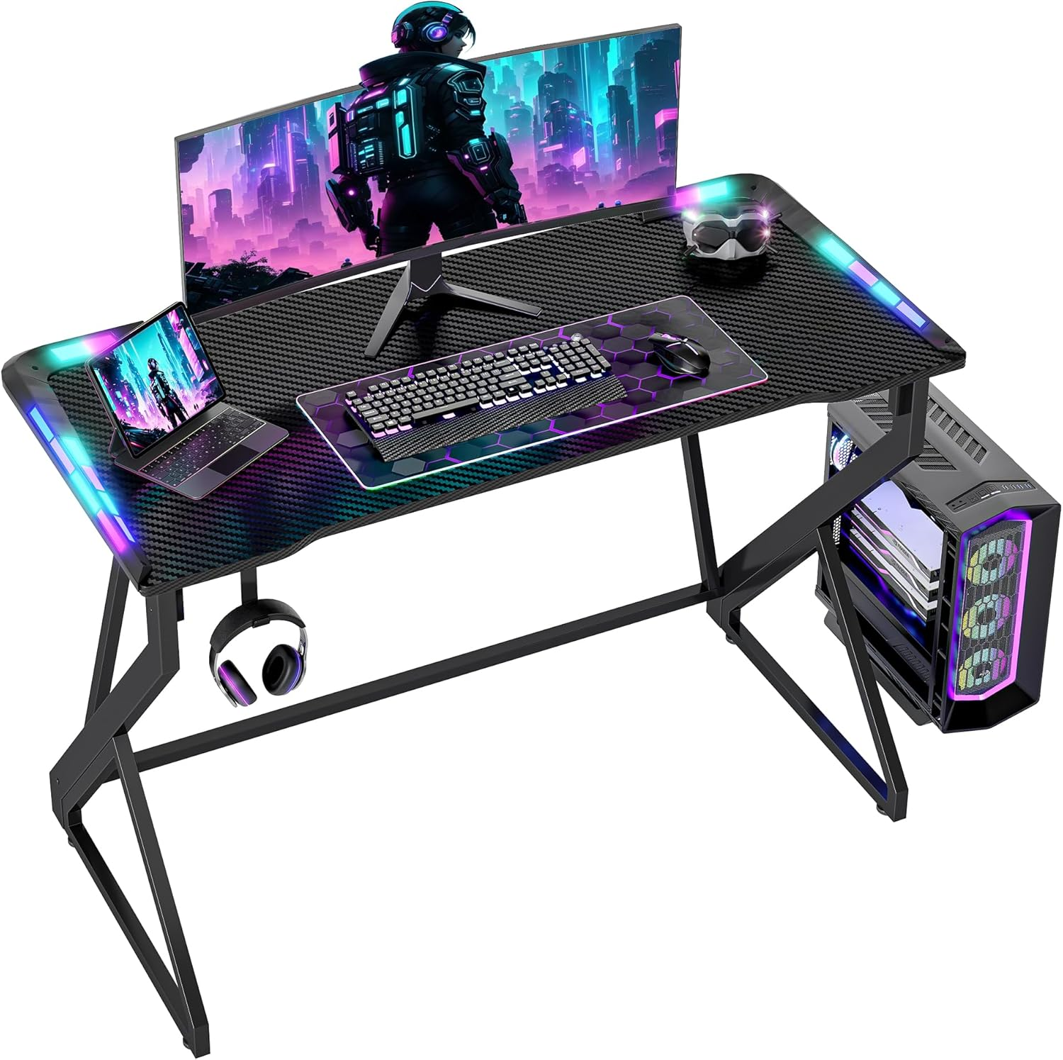 TIQLAB Gaming Desk with LED Lights, 40 Inch Computer Desk Z Shaped Gamer Workstation, Gaming Table with Carbon Fiber Surface, PC Gamer Desk, Black