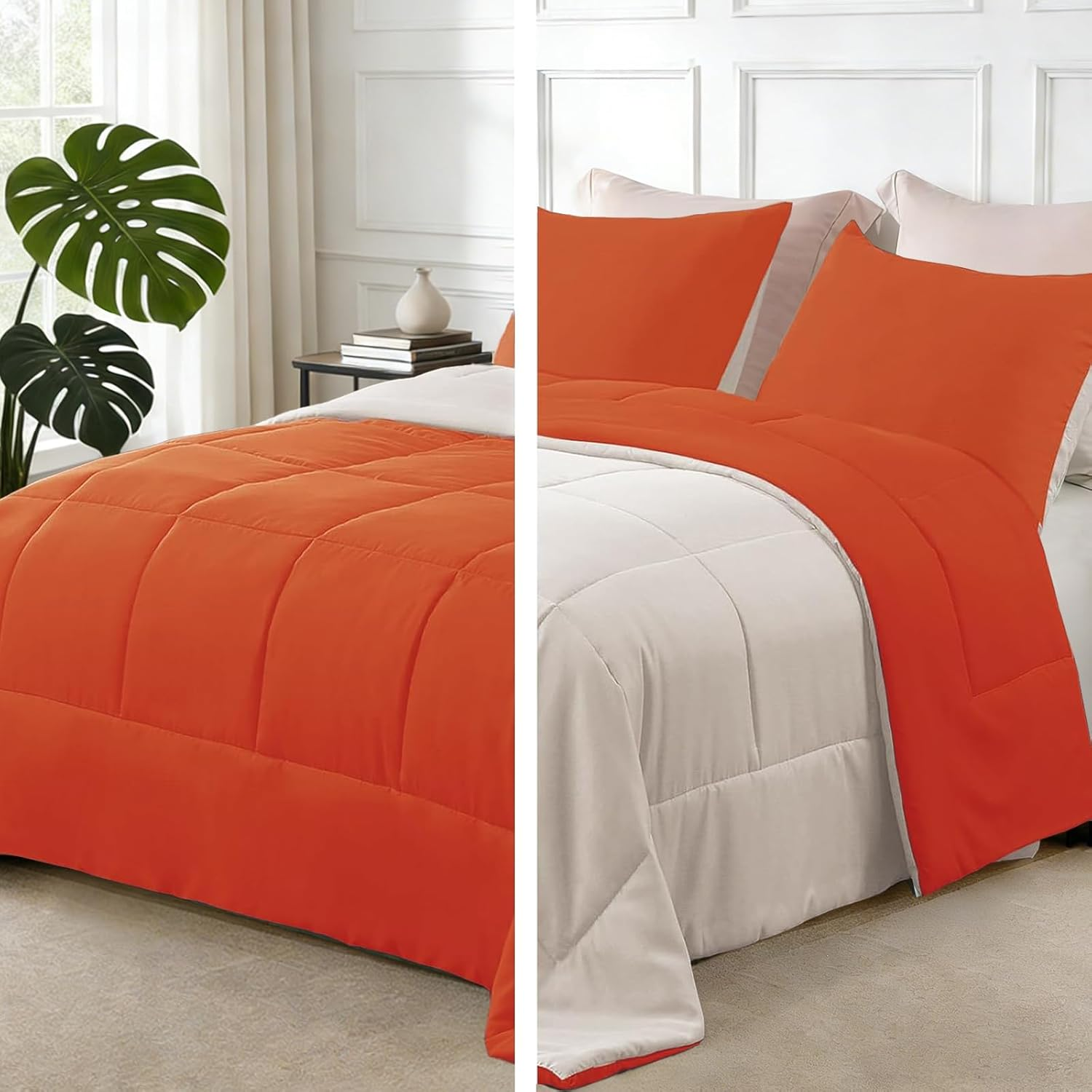 Lightweight Summer Reversible King Size Comforter Set, down Alternative Comforter with 2 Pillow Sham, King Size Bedding Set for All Seasons, Burnt Orange/Brich Beige