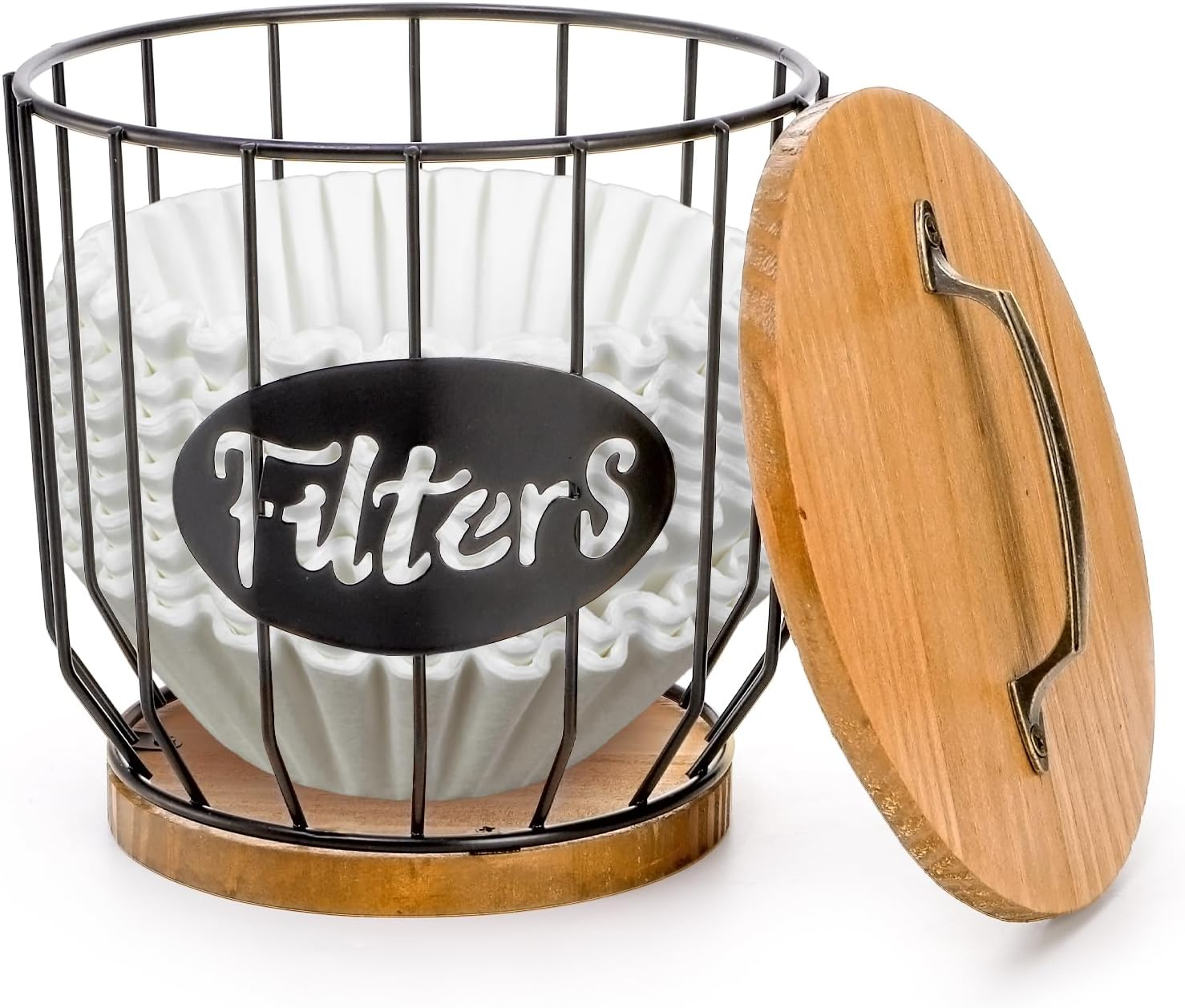 Coffee Filters Holder with Lid, Large Capacity Coffee Pods Holder with Rustic Wooden Base, Black Wire K Cup Storage Basket for Kitchen Countertop, Cafe Bar Organizer