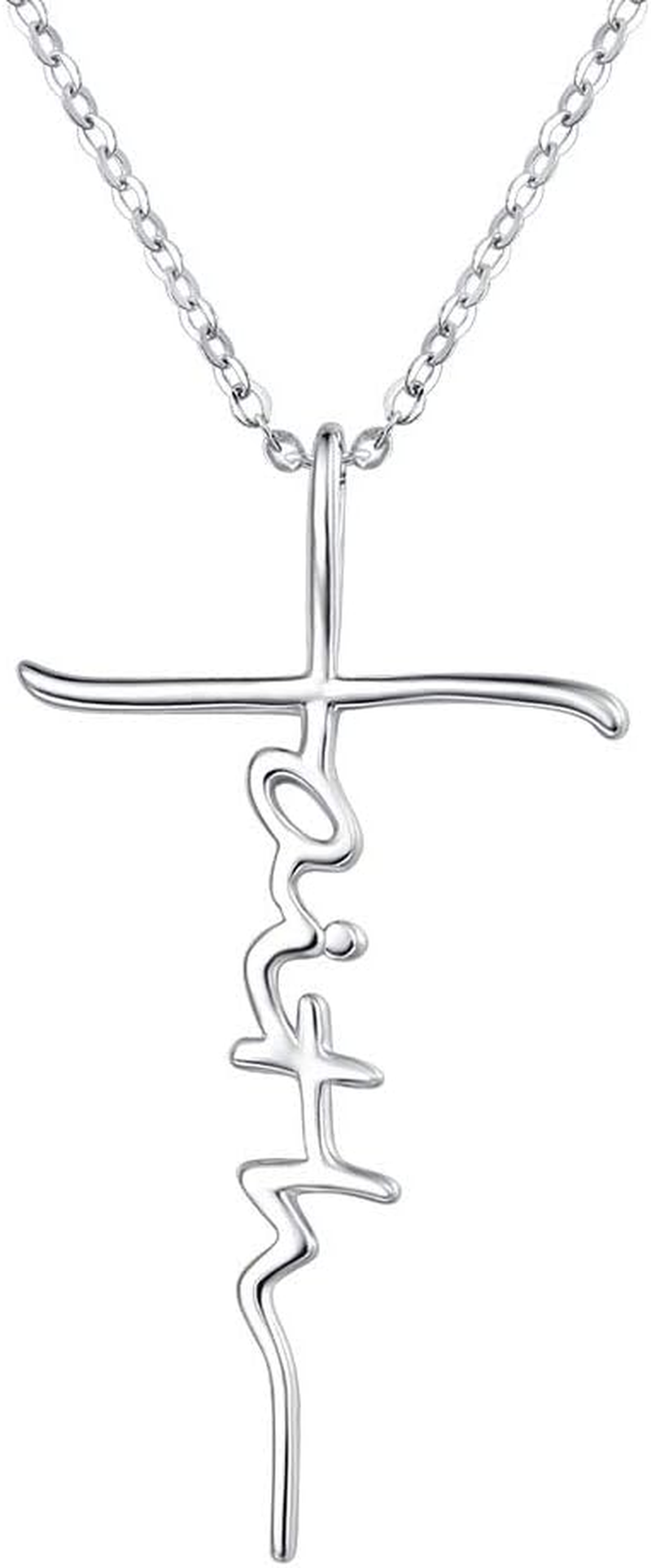 Faith Cross Necklace for Women 925 Sterling Silver Pendant Necklace with Birthstone Initial Christian Religious Confirmation Baptism Gifts