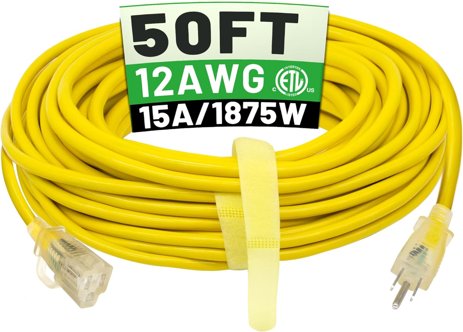 50 Ft 12/3 Outdoor Extension Cord Waterproof Heavy Duty with Lighted Indicator End 12 Gauge 3 Prong, Flexible Cold-Resistant Long Power Cord Outside, 15Amp 1875W SJTW Yellow ETL Listed