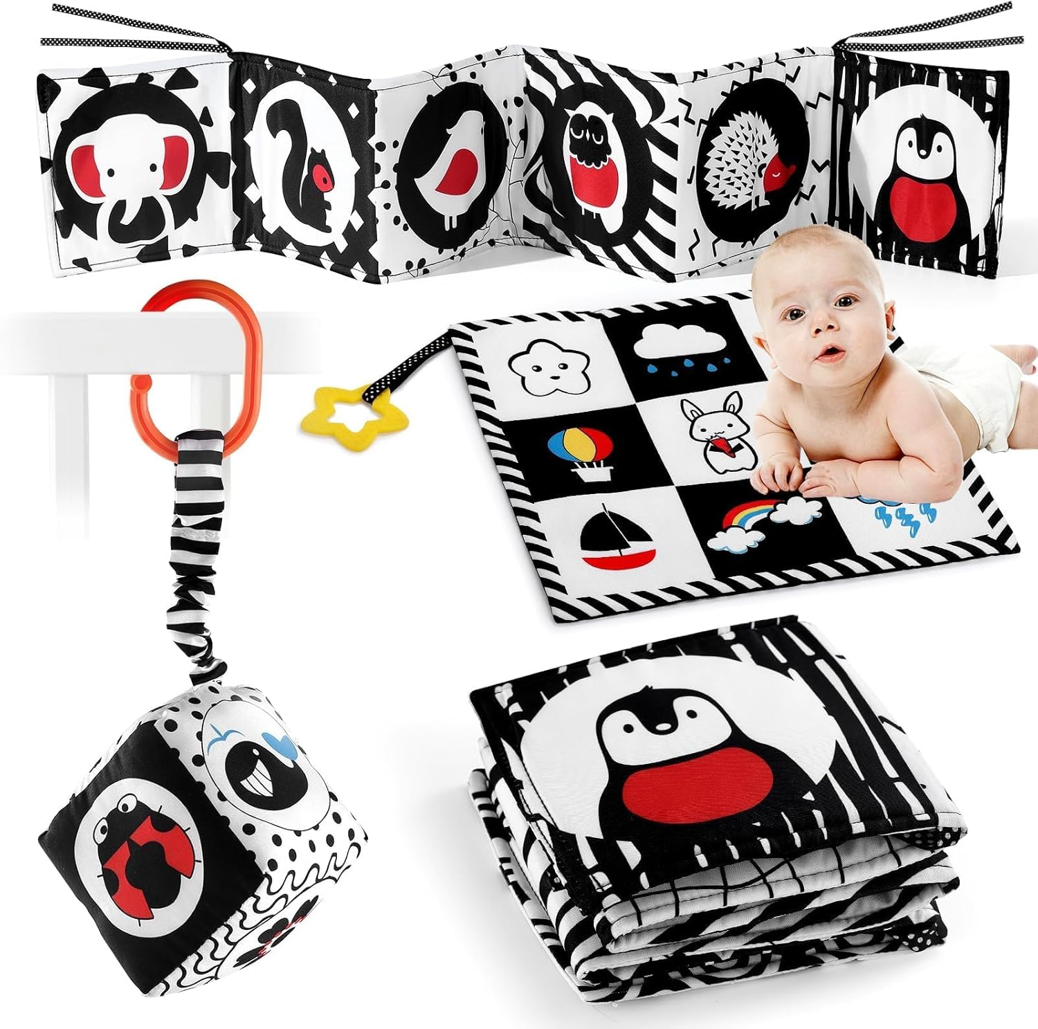 SAMMAS 3 Pcs Black and White High Contrast Baby Toys 0-6 Months for Newborn, Babies Sensory Soft Book for Early Education, Infant Tummy Time Cloth Book Toys, Montessori Toys for Babies