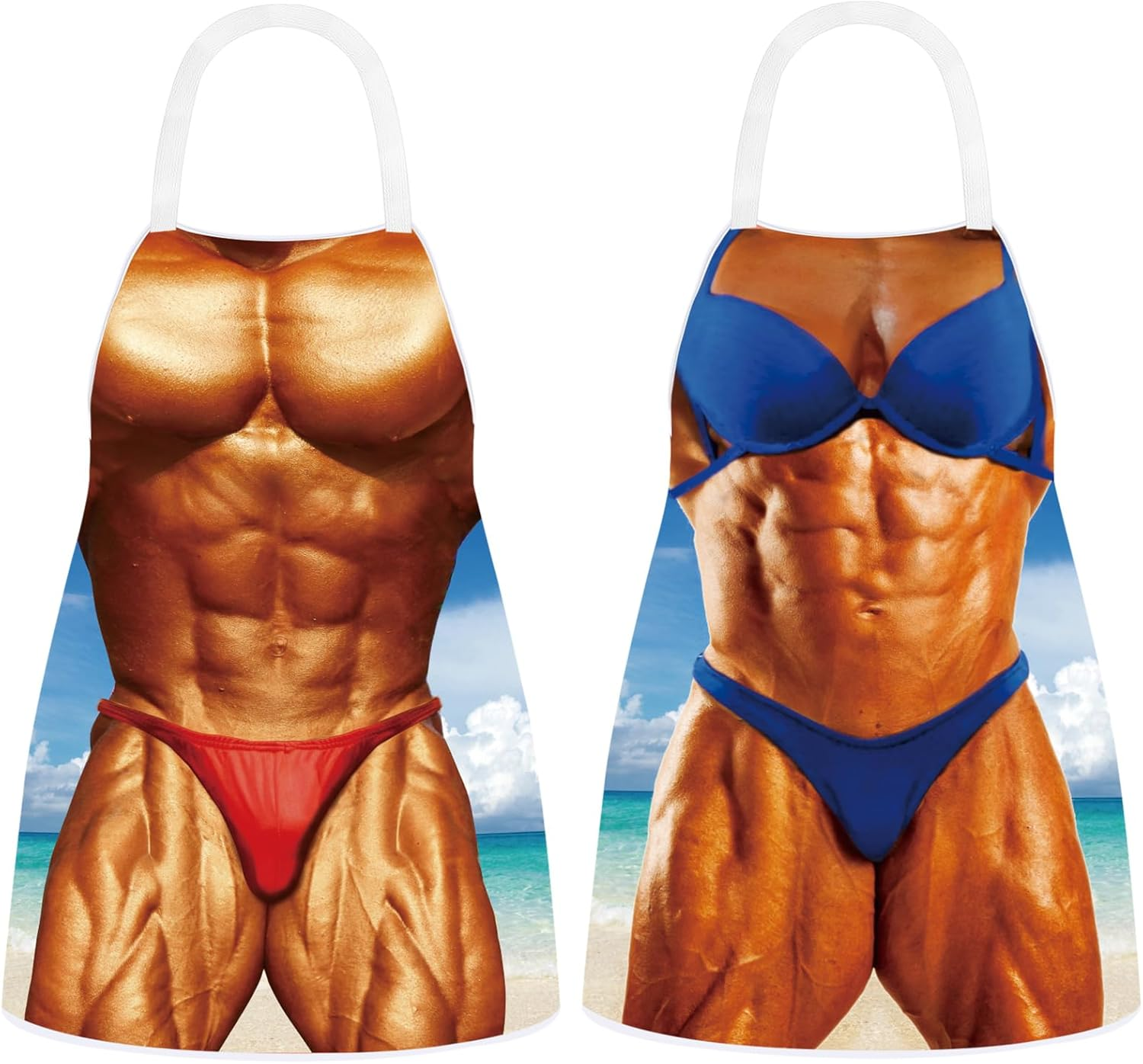 2 Pack Funny Apron Creative Cooking Apron with Adjustable Waist Ties Holiday Aprons for Party Men Women (Muscle Theme)