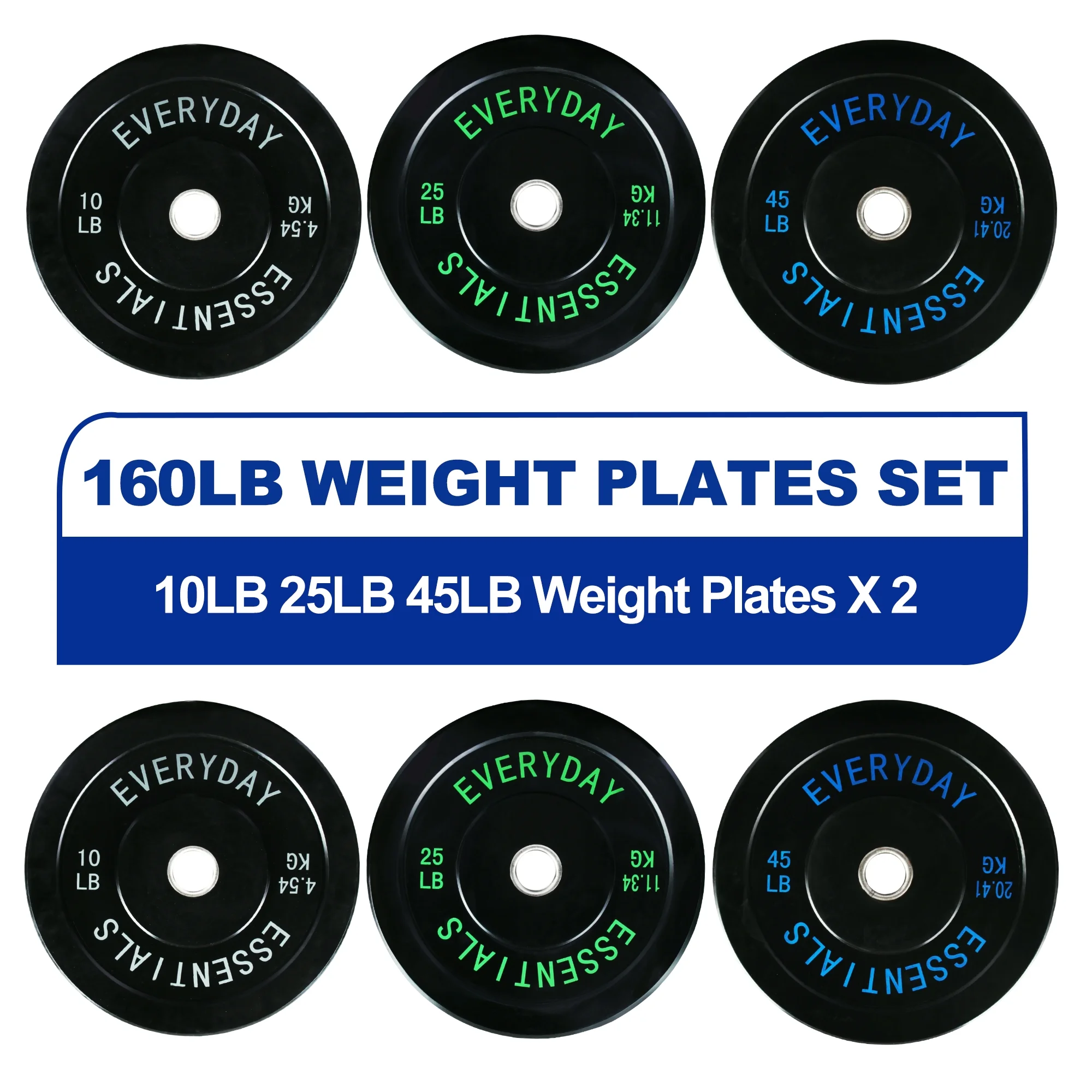 Olympic Bumper Plate Weight Lifting Set 160 Lbs Set Steel Hub Black Home Gym