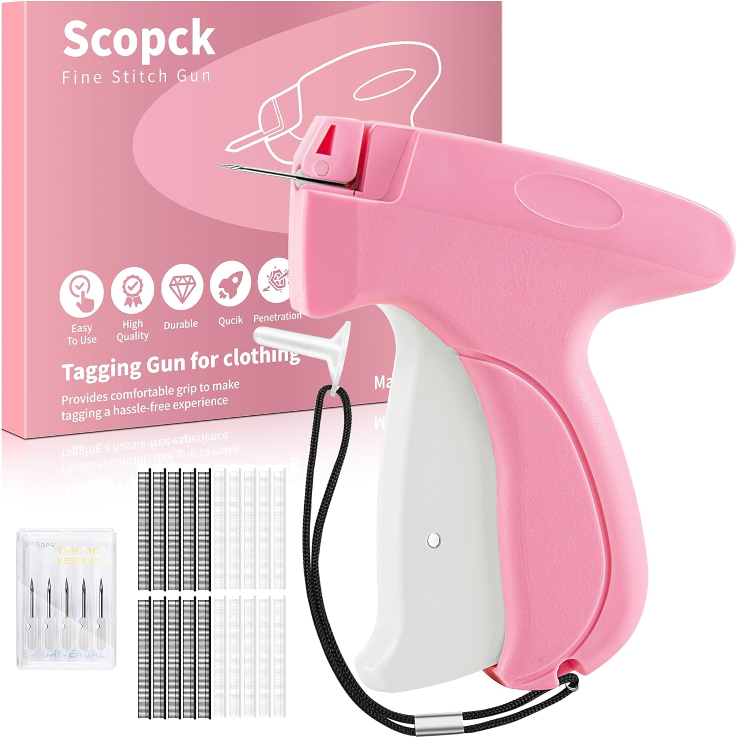 Stitch Gun for Clothes - Handheld Stitch Tag Gun Quick Clothing Fixer - Tagging Gun - Sewing Kit Includes 6 Needle, 1000 Black Fasteners & 1000 White Fasteners (Pink)