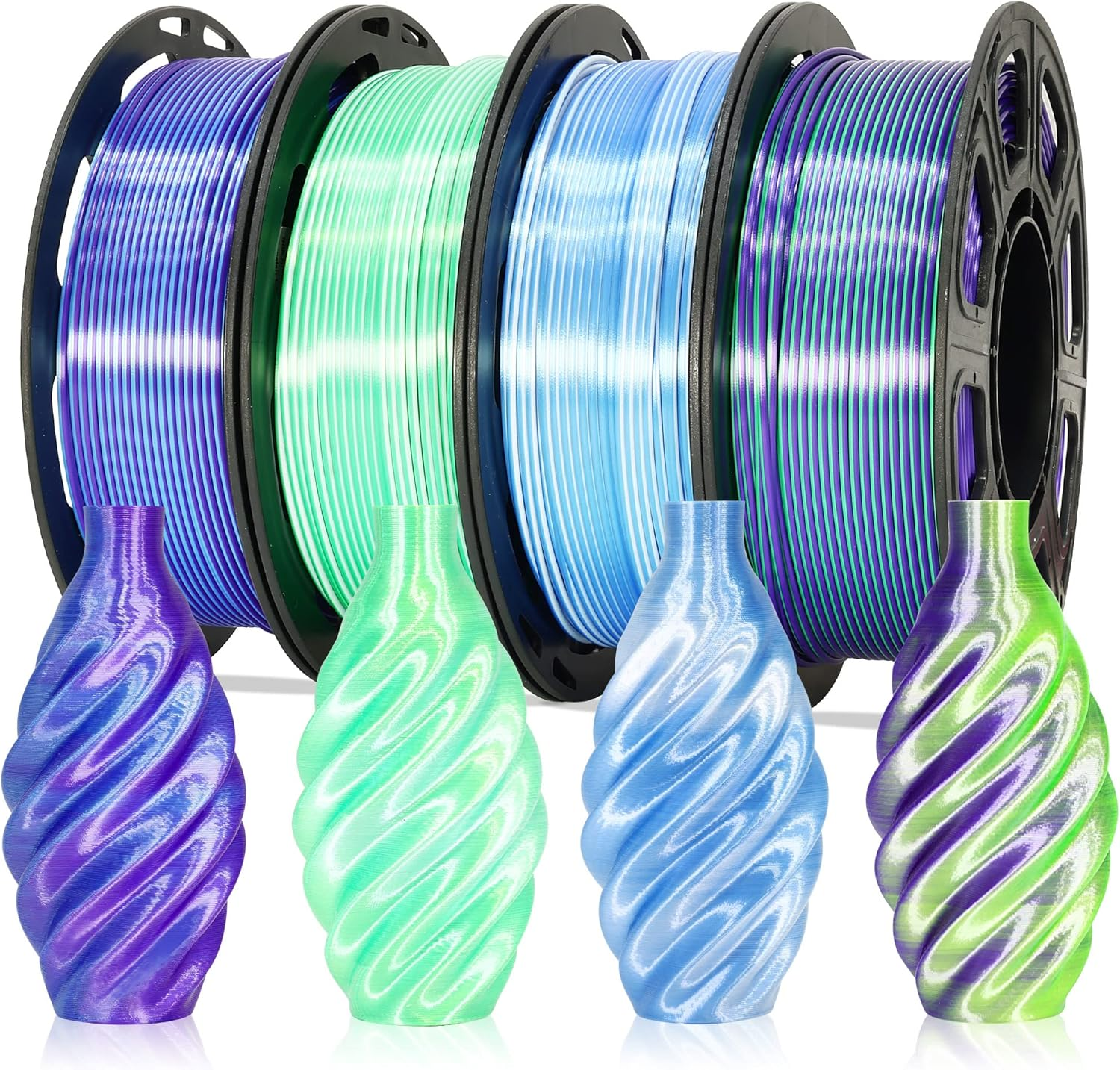 Dual Color Silk PLA 1.75Mm 3D Printer Filament Bundle, 4 Spools Pack 2 Color in 1 PLA, Silk Blue Purple, Silk White Green, Silk White Blue, Silk Green Purple, 3D Printing PLA 250G X 4 Spools