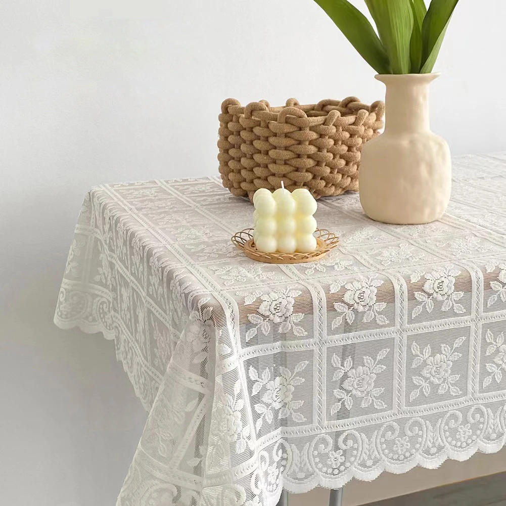Beige Square Lace Openwork Tablecloth Retro European Embroidery Table Linen Wedding Party Garden Home Decoration
