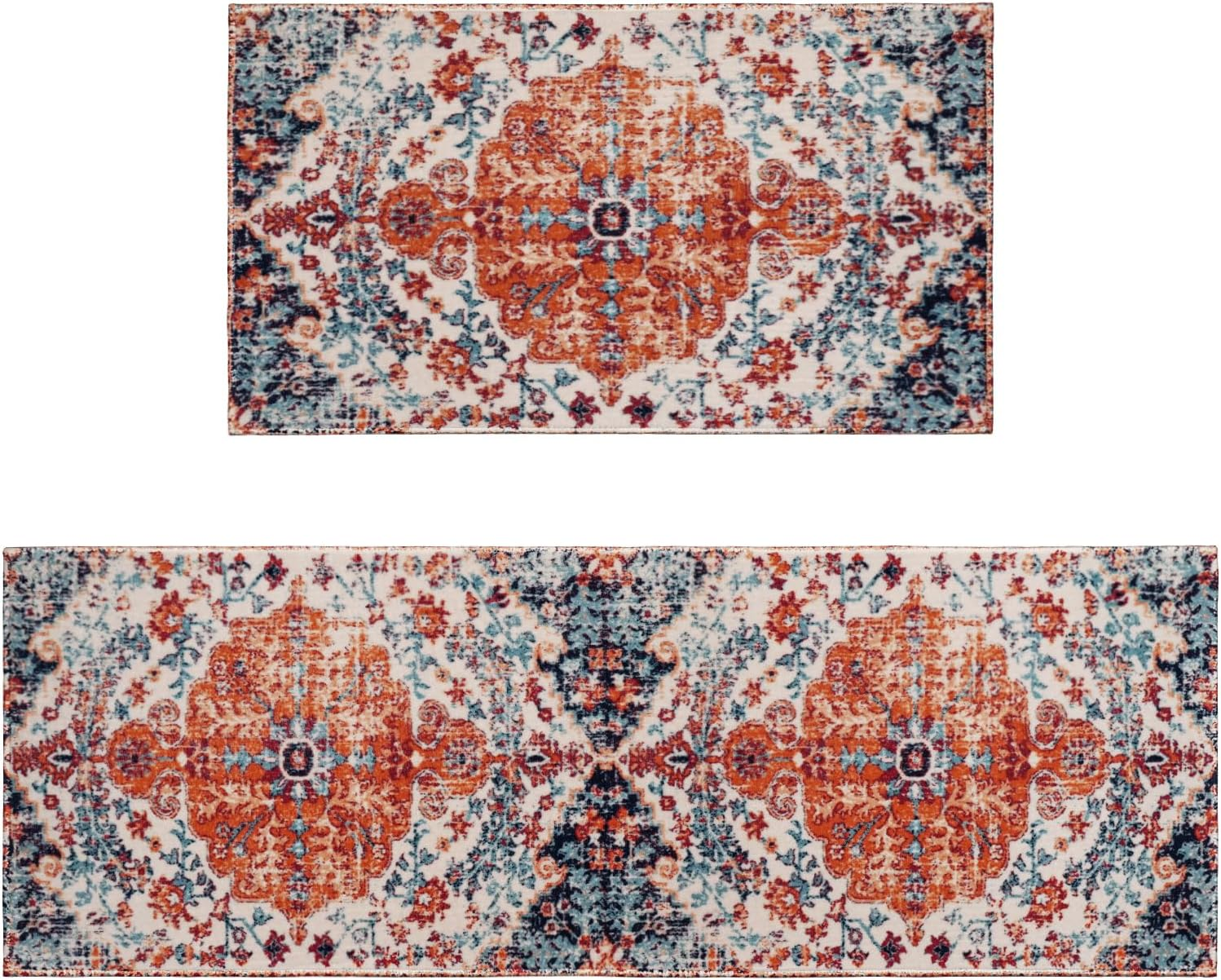 Boho Style Kitchen Rugs and Mats Set of 2,Farmhouse Kitchen Mat for Sink,Non Slip Absorbent Stain Resistant Floor Mat for Kitchen Laundry Room Rug Area Runner Rug Orange