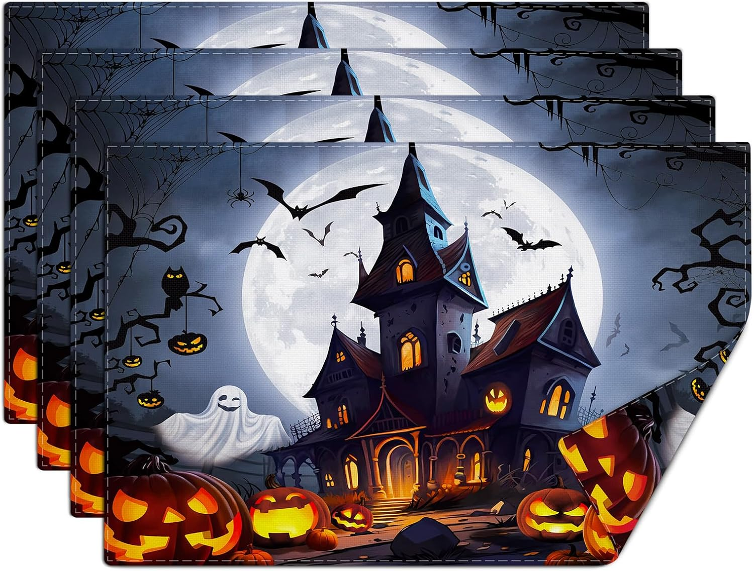 Halloween Haunted House Placemats Set of 4, 12X18 Inch Washable Absorbent Full Moon Castle Linen Table Mats, Heat Resistant Pumpkin Ghost Place Mats for Kitchen Dining Table Party Decoration