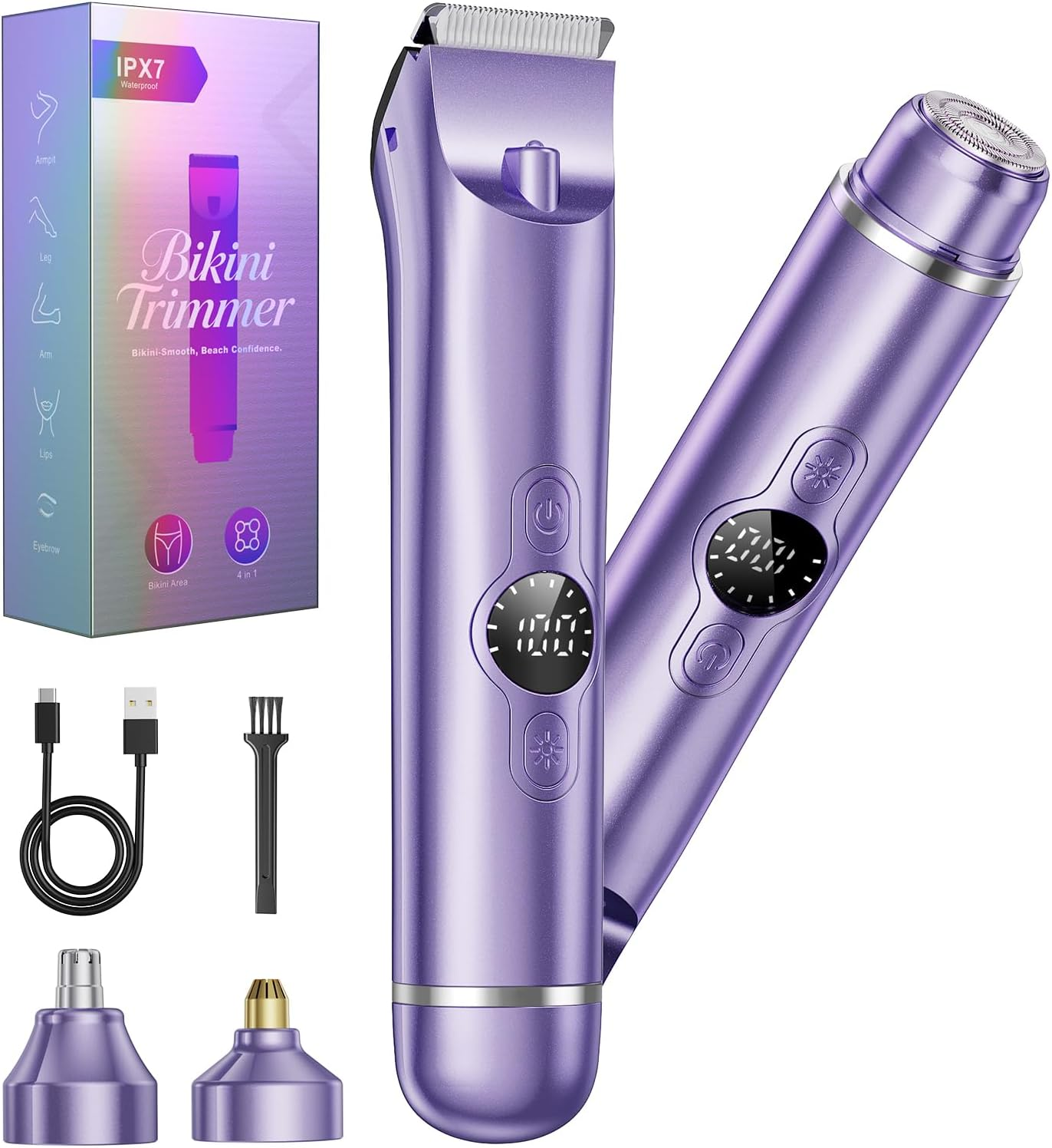 4 in 1 Bikini Trimmer for Women, Electric Razors for Women - Dual Head, Wet & Dry Use Pubic Body Hair Trimmer Electric Shavers, Womens Facial Razors for Legs, Armpits, Bikini Area，Purple