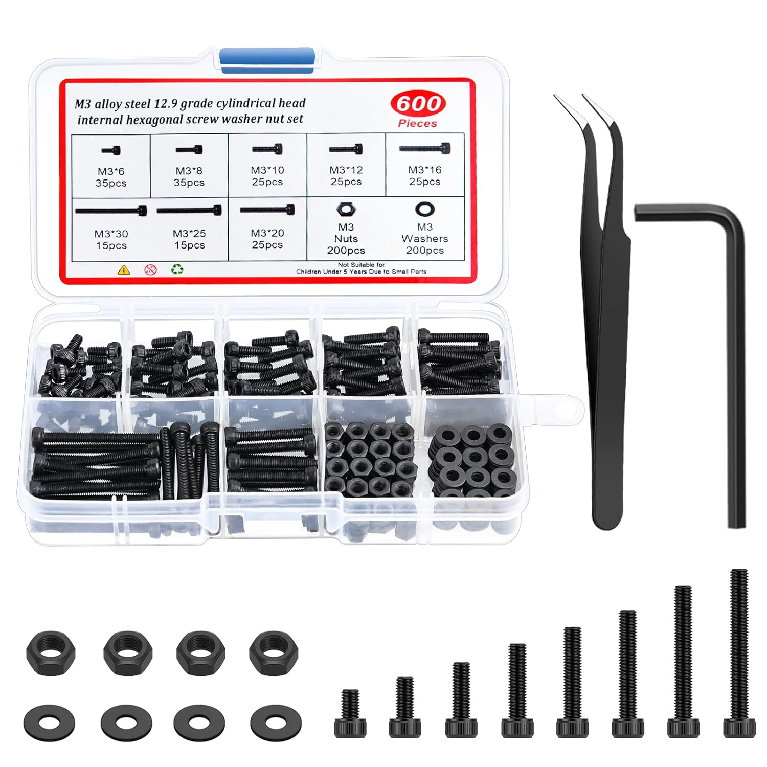 600 Pcs M3 Screws Assortment Kit, Black Alloy Steel M3X 6/8/10/12/16/20/25/30Mm Screw Kits with 12.9 Alloy Steel Nuts, Bolts & Washers – Hex Socket Head Screws Assortment Set