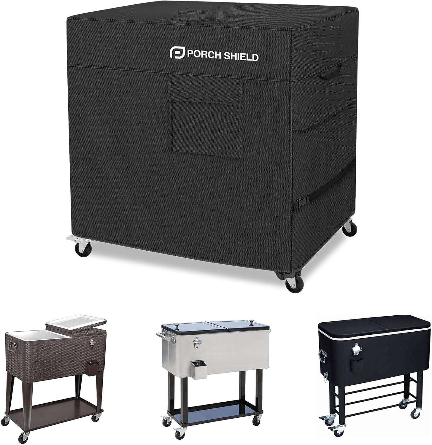 Porch Shield Waterproof Rolling 80-100 Qt Cooler Cart Cover Fits Most Patio Ice Chest Party Cooler (Black, 40