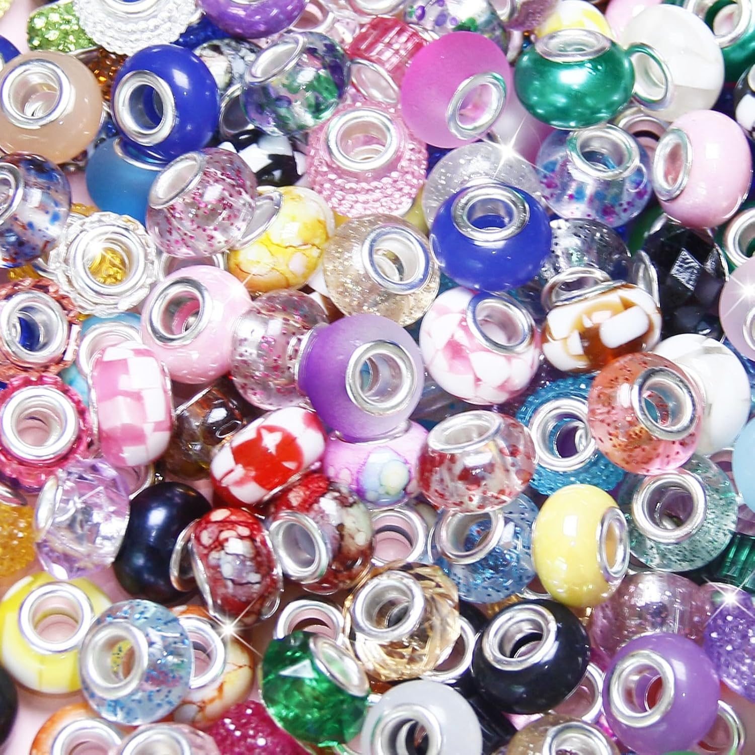 100 Pieces Large Hole Beads Spacer Bead Mixed Color Assorted European Craft Big Beads Large Hole Lampwork Murano Fairy Wand Garden Bead for DIY Pens Bracelet Necklace Keychain Jewelry Making Supplies