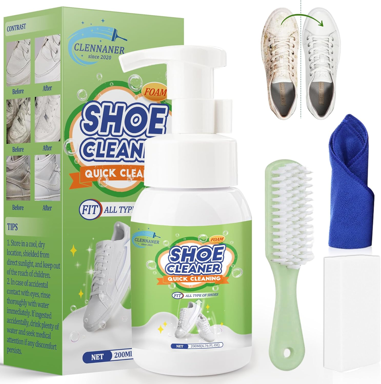 Shoe Cleaner, 6.76 Oz Sneaker Cleaner Removes Dirt and Stains, Shoe Cleaning Kit