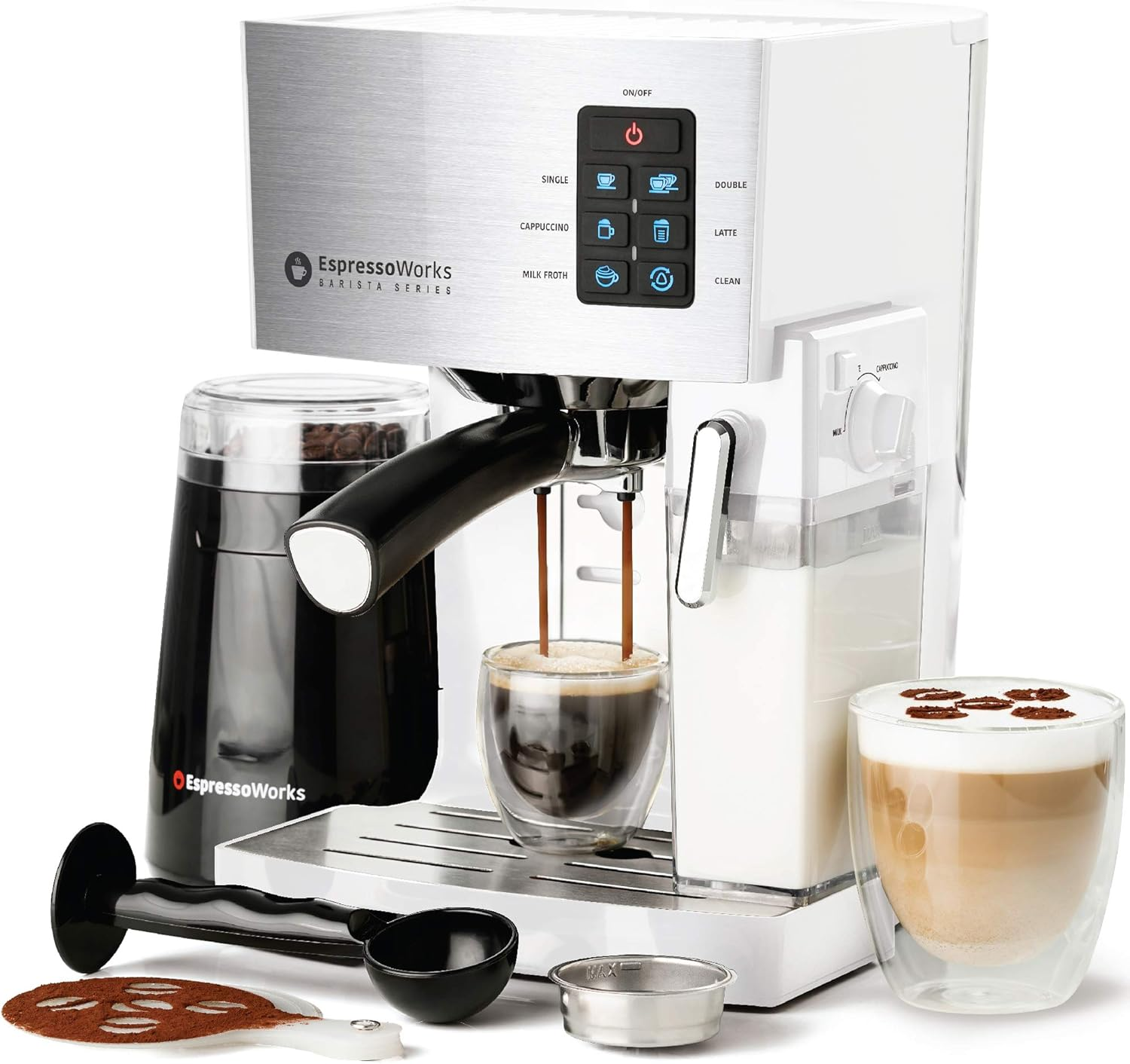 19-Bar Espresso, Latte and Cappuccino Maker 10-Piece Set - Brew Cappuccino and Latte with One Button - Espresso Machine with Milk Steamer 1250W - Coffee Gifts (White)