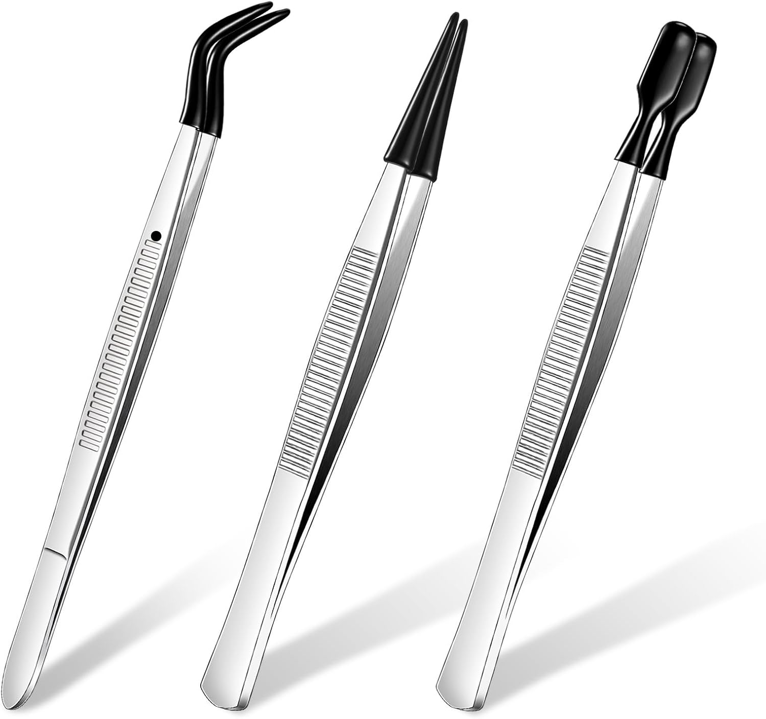3 Pieces Tweezers with Rubber Tips PVC Coated Set Rubber Straight Flat Tip Long Bent Tweezers for Crafts Stamps Beads Jewelry Tools(Black)