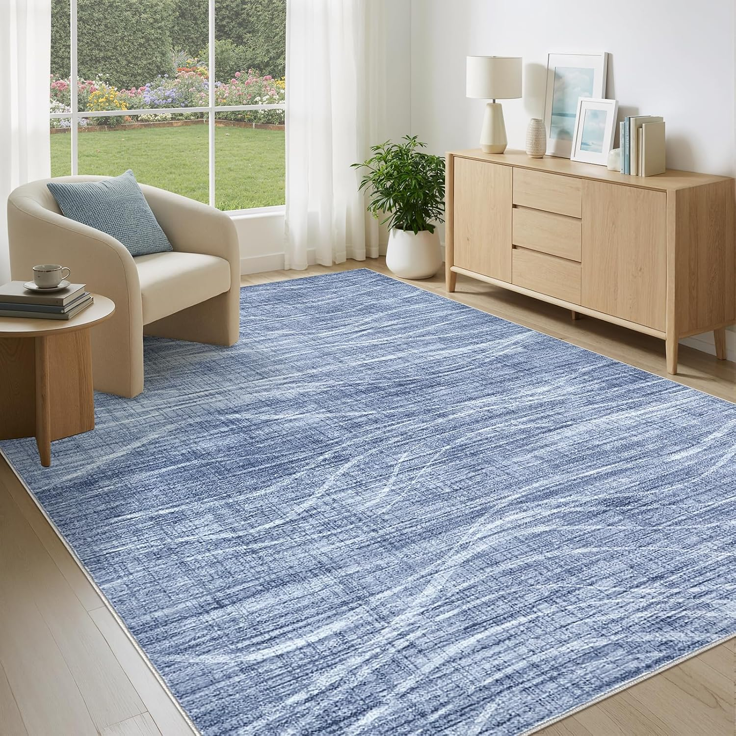 6X9 Living Room Rug Washable Area Rug Modern Abstract Rugs Non Slip Indoor Carpet for Bedroom Dining Room Nursery Kitchen Office Home Decor Stain Resistant Soft Wave Striped Rug, Blue