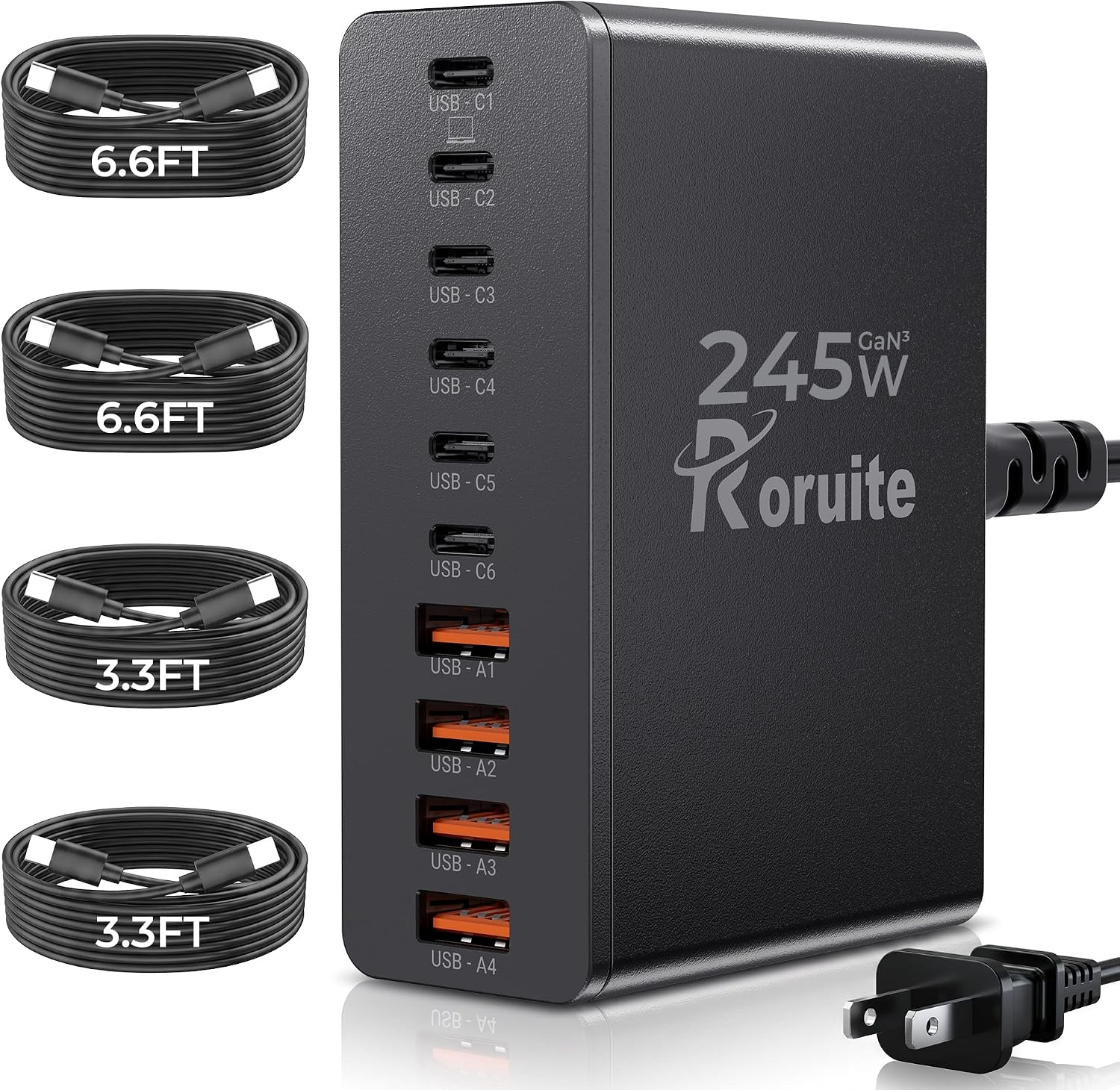 USB C Charging Station 10 Port with 4 Cables,245W Gan Charger Block | Type C Wall Charger Power Strip Adapter Plug for Ipad Iphone17 16 15 14 13 12 Pro Max Pixel Note Galaxy Black