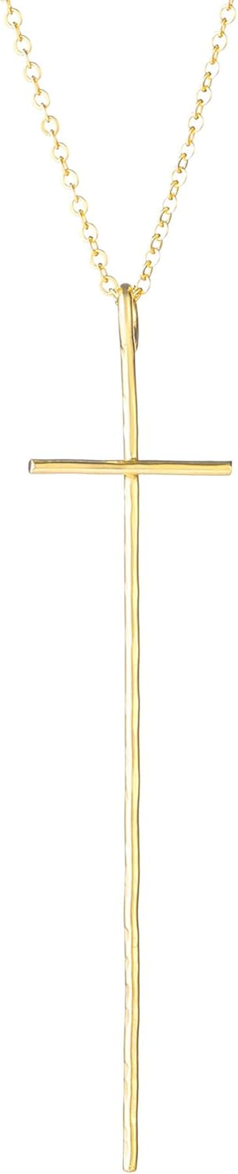 14K Gold Plated Long Hammered Cross Necklace for Women Religious Faith Jewelry Christian Gift