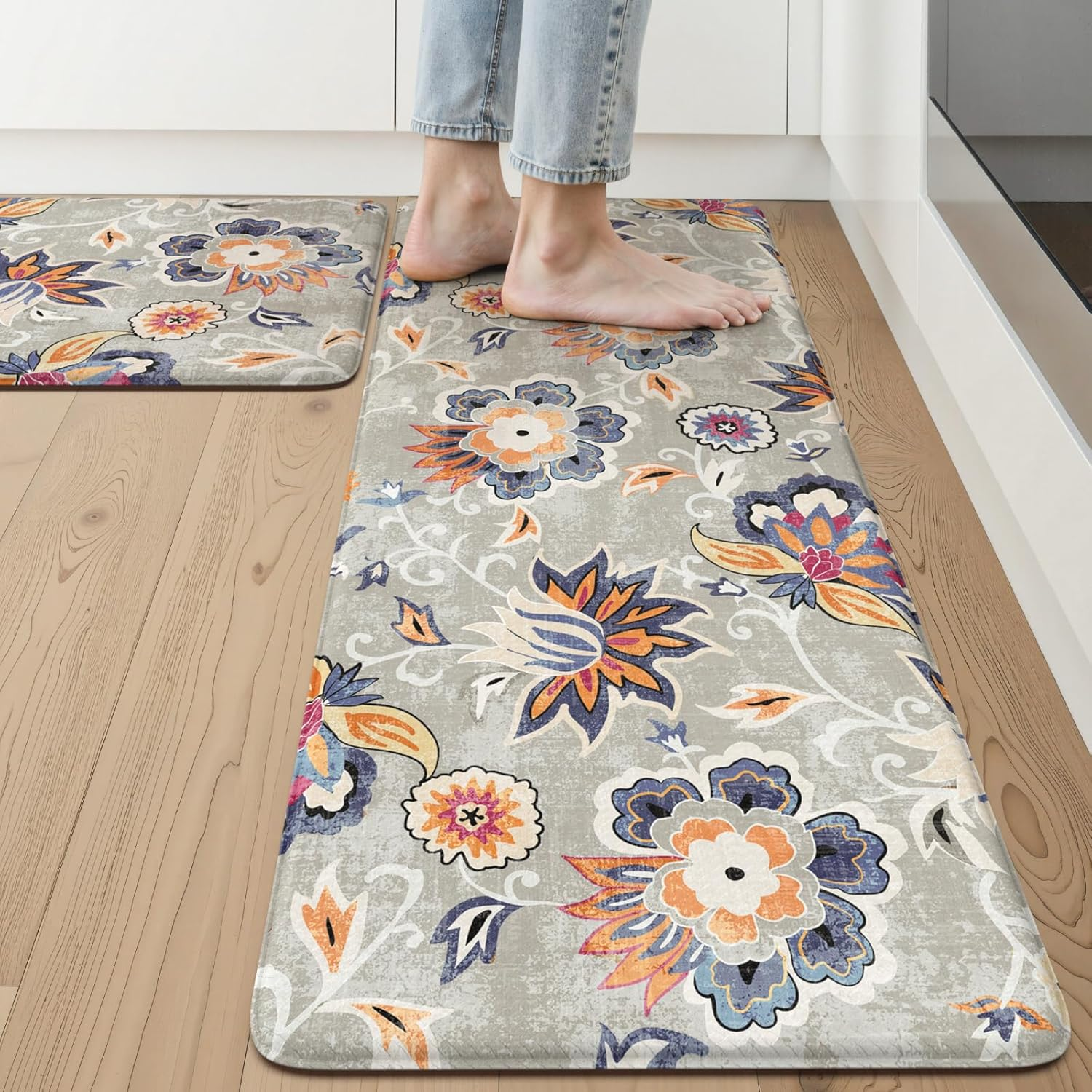anti Fatigue Mats for Kitchen Floor 2 Piece,Cushioned Memory Foam Blue Gray Kitchen Mats for Floor,Comfort Floral Boho Non Slip Kitchen Floor Mat for Sink,Laundry,Office(17''X29''+17''X47'')