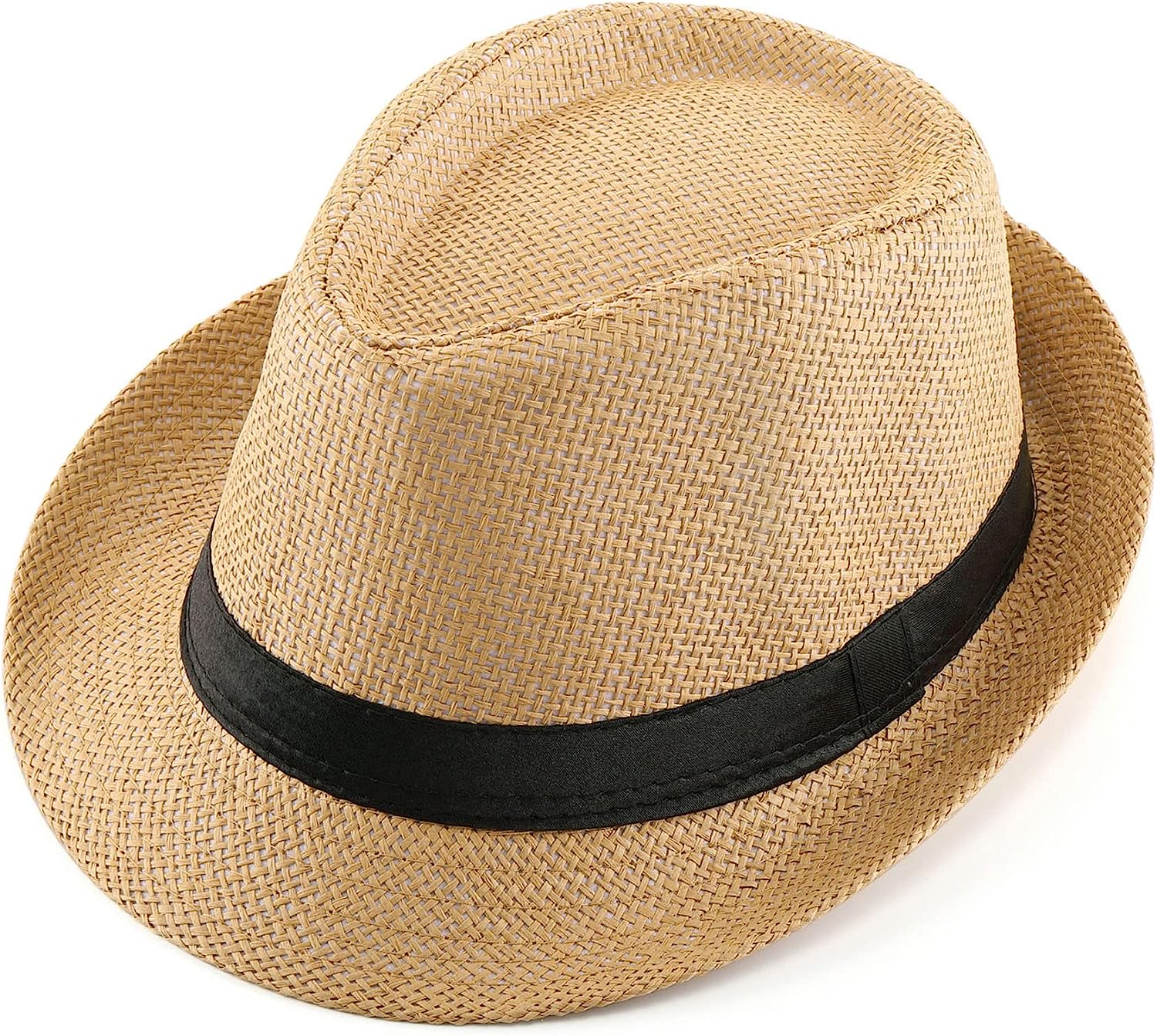 Straw Fedora-Sun-Hats for Women Men Summer Short Brim Roll Up Medium Khaki