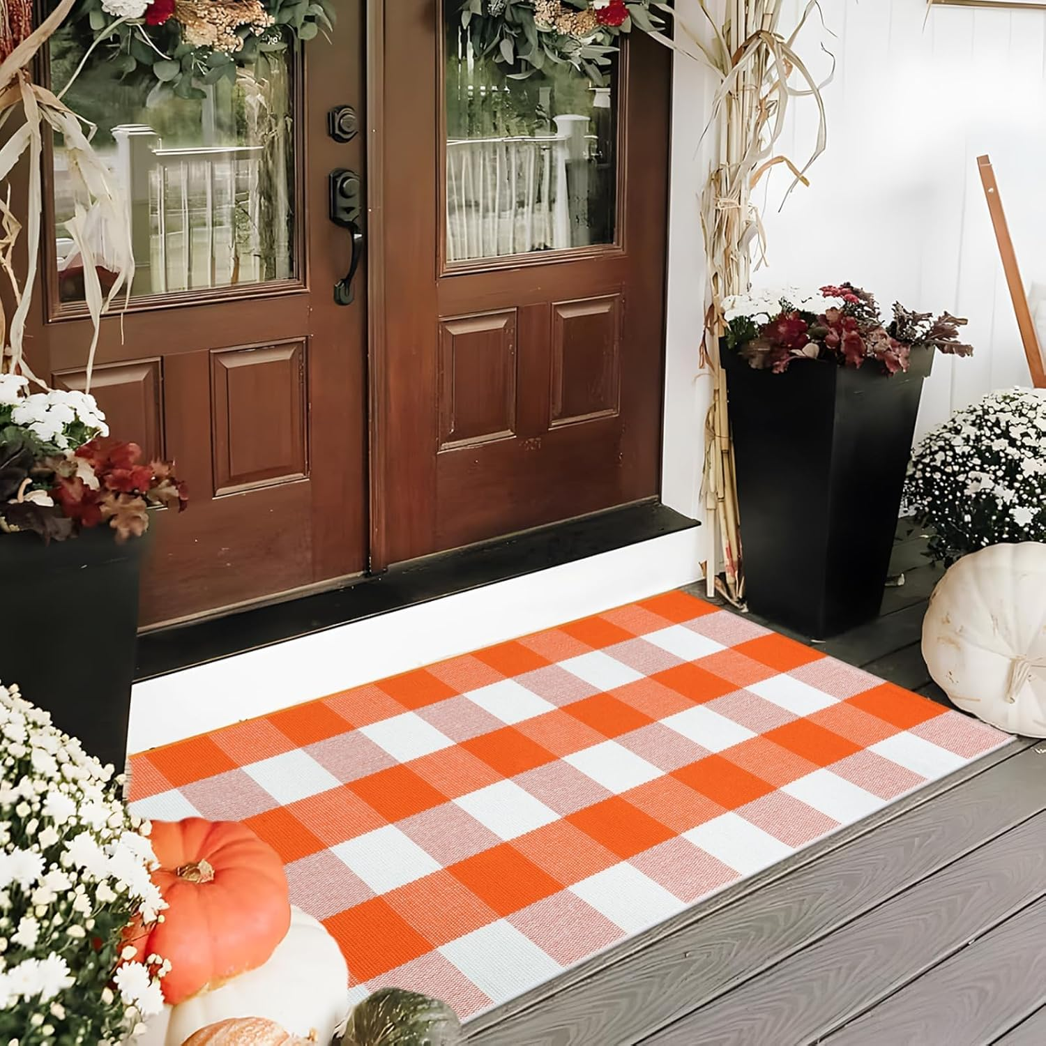 Buffalo Plaid Outdoor Rug 2X4, Fall Decor Orange and White Entryway Rugs, Autumn Washable Front Porch Door Mat, Thanksgiving Cotton Woven Area Rug, Small Layered Rug for Farmhouse Kitchen