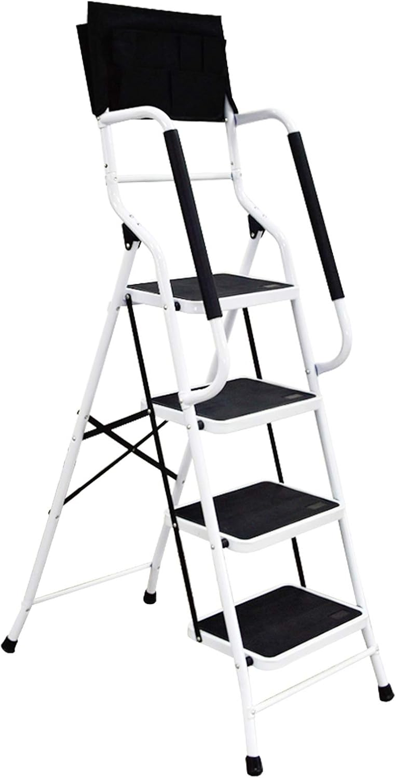 Wiberwi 4 Step Ladder with Handrails 500 Lb Capacity Step Stool Folding Portable Ladders for Home Kitchen Steel Frame with Non-Slip Wide Pedal Stepladder with Attachable Tool Bag White