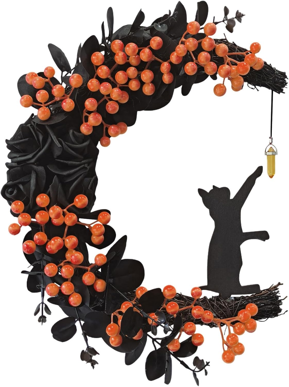 Spooky Halloween Wreath - 2025 New Black Cat Moon Door Decor with Lights for Indoor Outdoor Party Wall, Unique Crescent Moon Wreath Design, Perfect Halloween Decorations for Front Door (Orange)