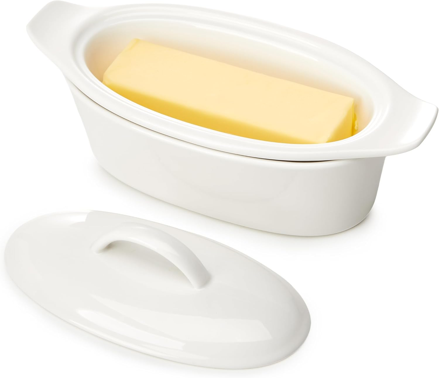 3-Piece Butter Dish with Water Reservoir, Porcelain Butter Boat with Lid, French Butter Keeper Crock, Large Butter Container for Countertop