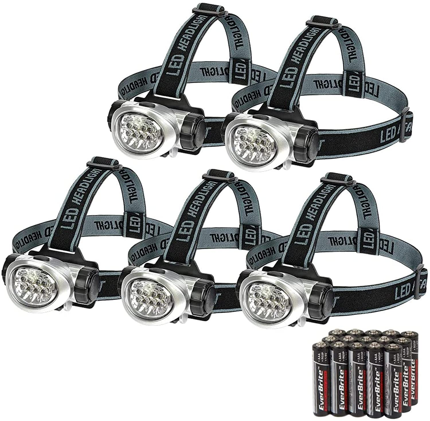 Everbrite 5-Pack LED Headlamp, 4 Lighting Modes, Pivoting Head with Adjustable Headband, Perfect for Running, Camping and Hiking, Batteries Included