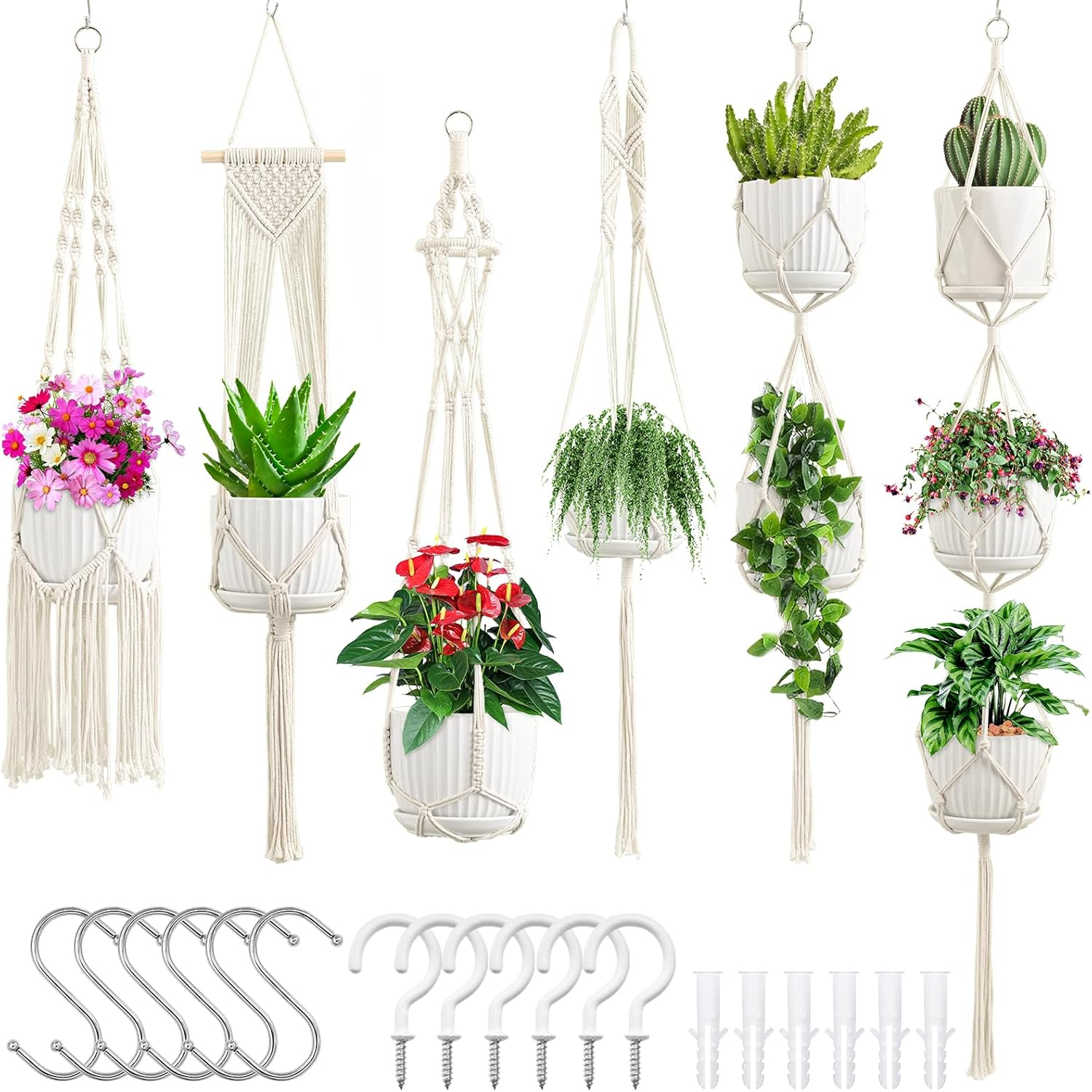 Macrame Plant Hangers, 6Pack Hanging Planters for Indoor Plants W/ 6 Set Hangers Kit Handmade Macromay Plant Hangers Indoor Flower Pots Holder Stand for Boho Home Décor (POTS NOT Included)