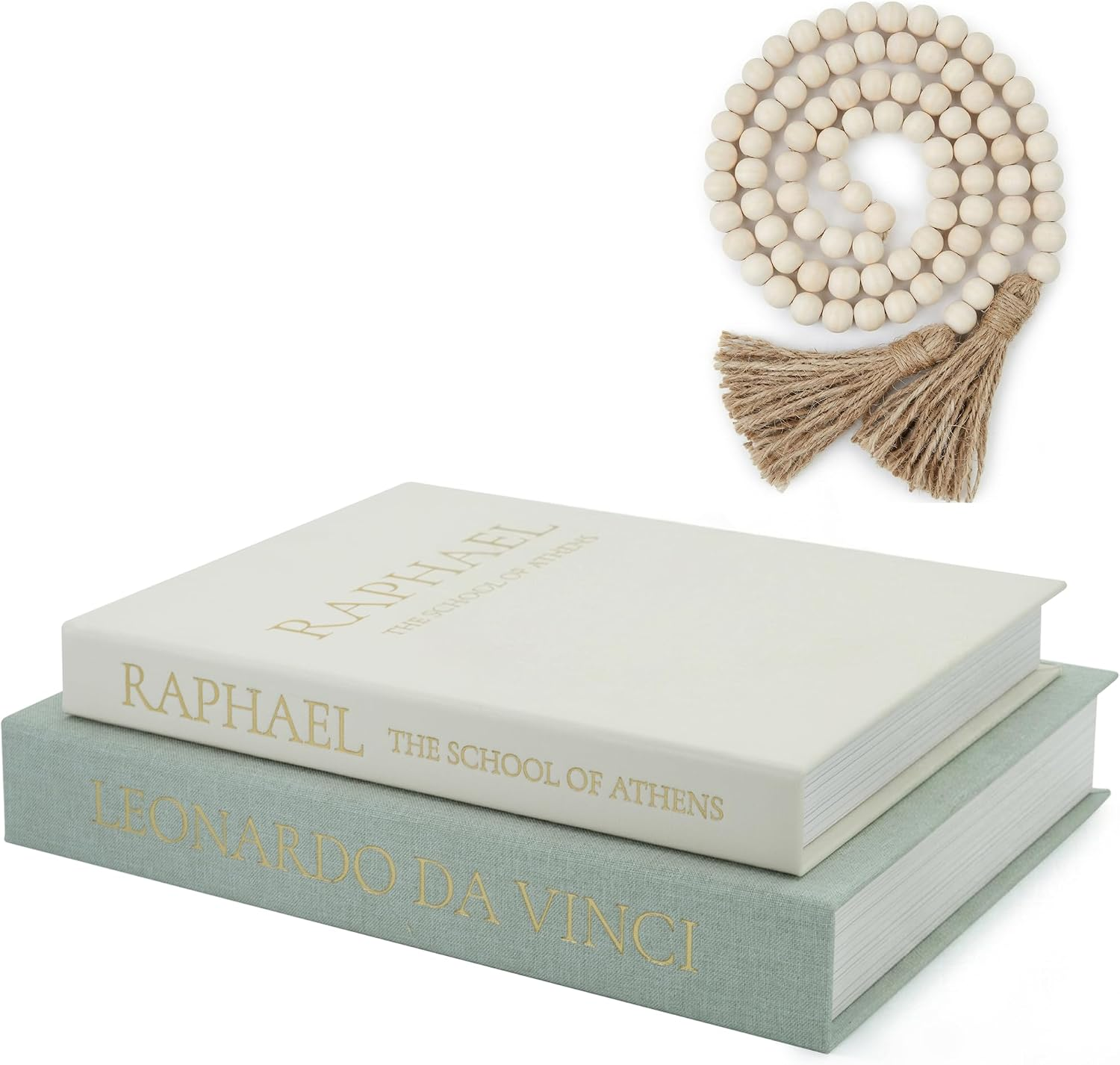 3-Pcs Decorative Books with Storage - Set of 2 Real Fabric Linen Book Boxes & 1 Tasseled Bead Garland - for Coffee Table Styling & Shelf Decor (Beige-Gray(With Bead Garland))