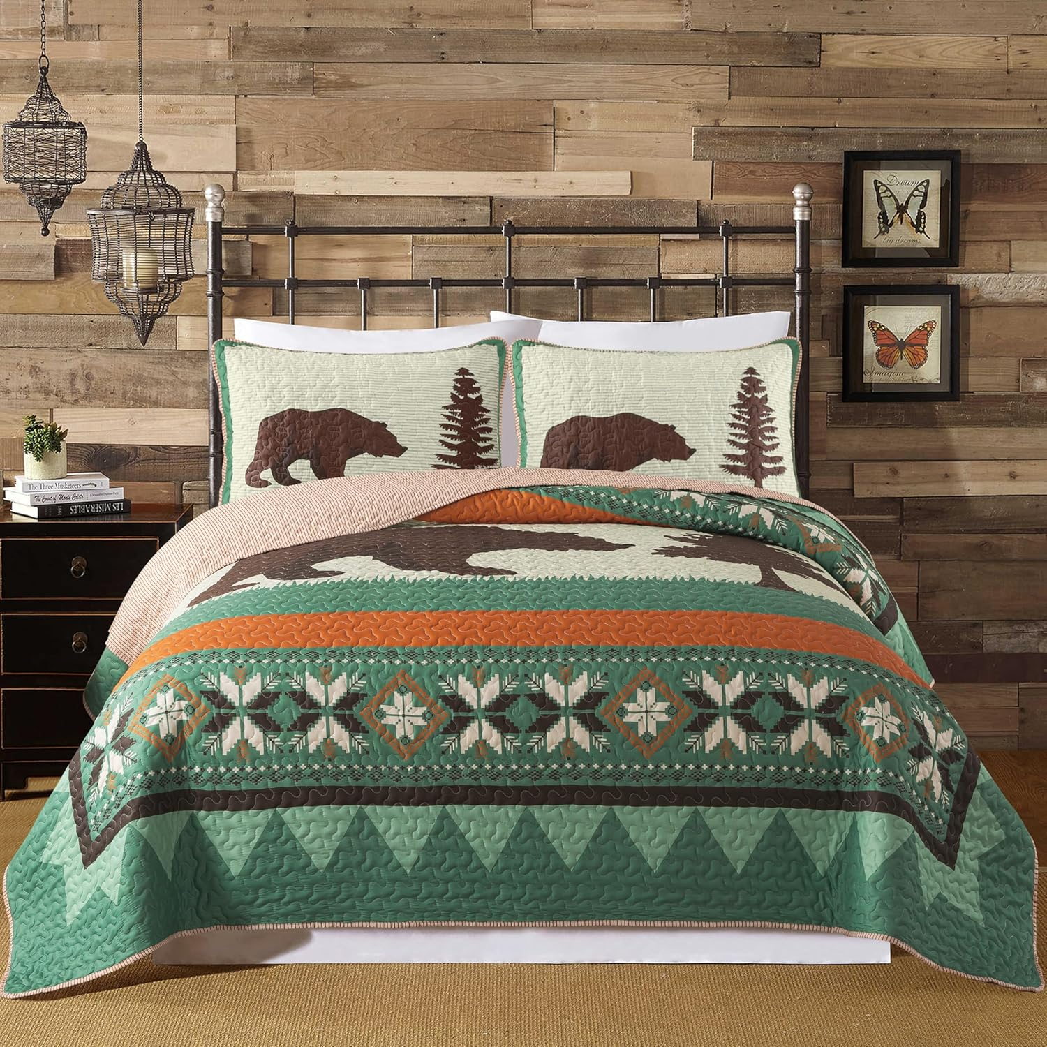 Rustic Cabin King Quilt Set Bear Forest Lodge Bedding Set with 2 Pillow Shams