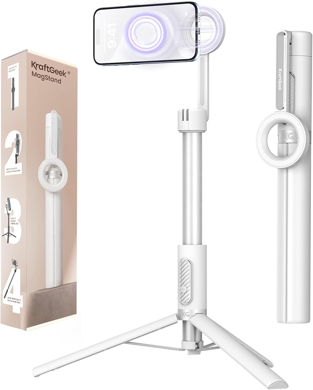 KraftGeek Magnetic Selfie Stick Tripod for iPhone, 64” Phone Tripod for Magsafe, Travel Tripod Stand with Remote for Cell Phone Video Recording