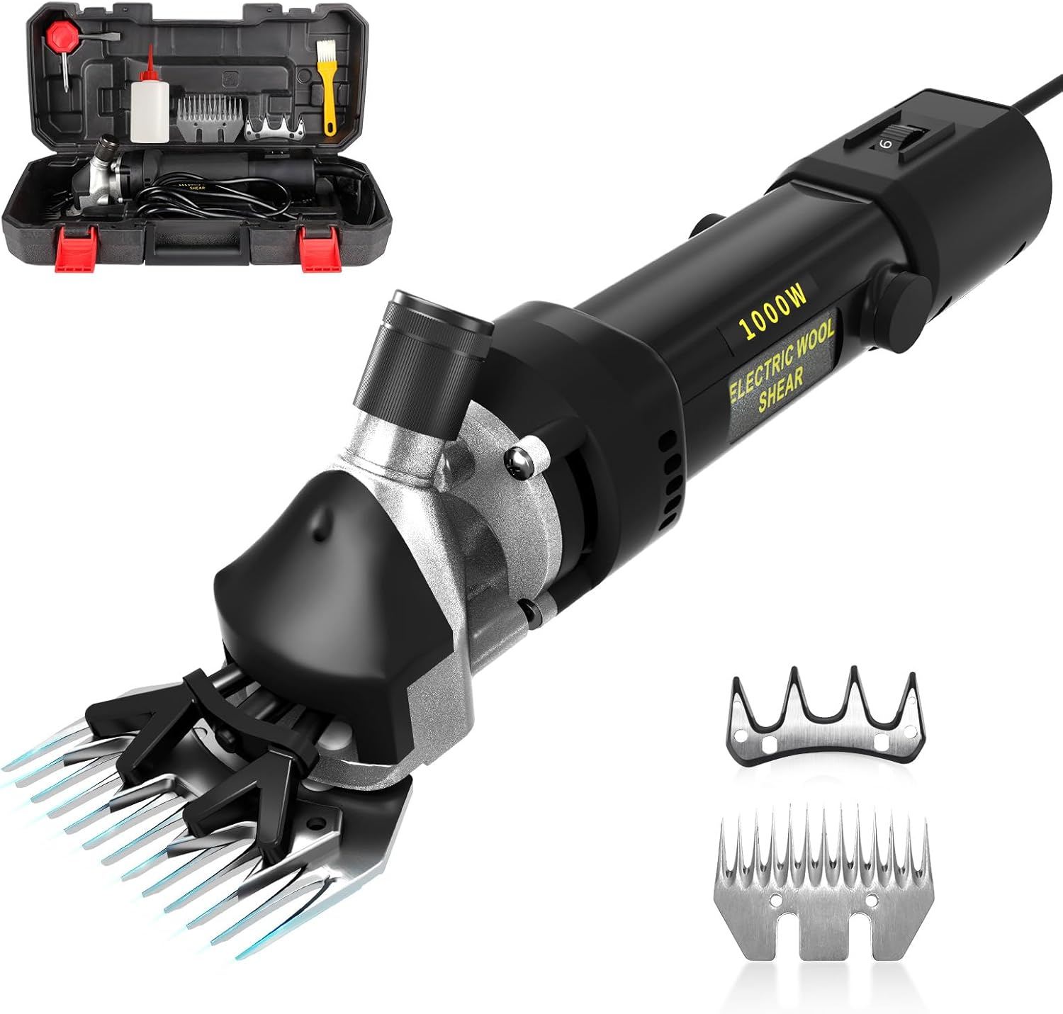 Sheep Shears,1000W Professional Heavy Duty Electric Animal Grooming Clippers for Livestock, Horses, Goats, Cattle, with 6-Speed Settings and 2 Detachable Blades for Thick Goats (Black)