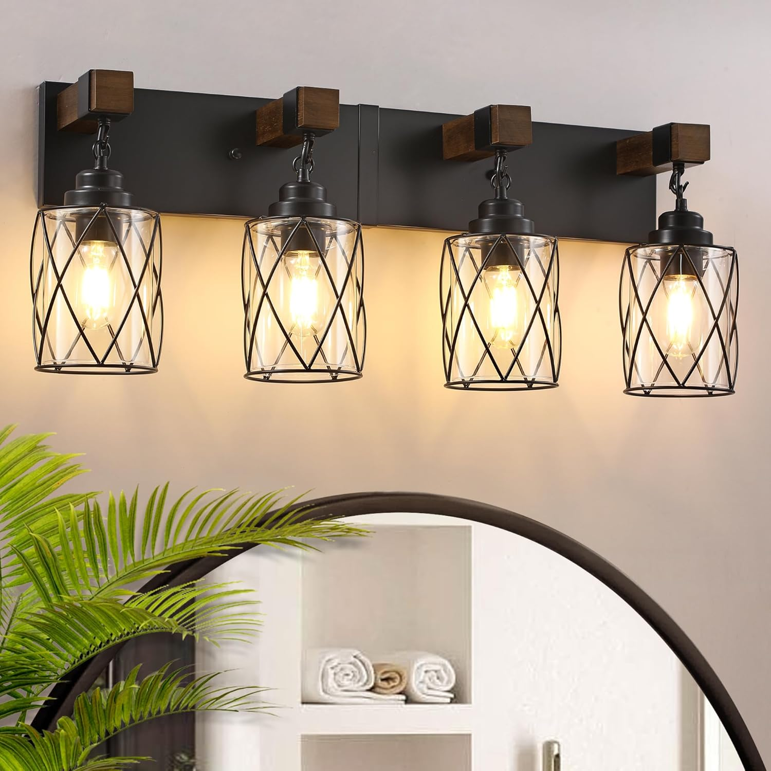 Farmhouse Bathroom Light Fixtures, 4 Light Bathroom Vanity Light with Metal and Glass Lampshade, Wood Rustic Lighting Fixtures over Mirror, Black Wall Sconces for Living Room, Bedroom