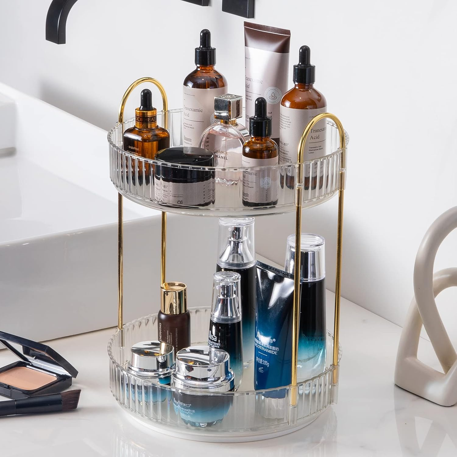 360° Rotating Makeup Organizer, Bathroom Make up Spinning Holder Rack, Large Capacity Cosmetics Storage Vanity Shelf Countertop, Fits Cosmetics, Perfume, Skincare(2 Tiers, Clear)