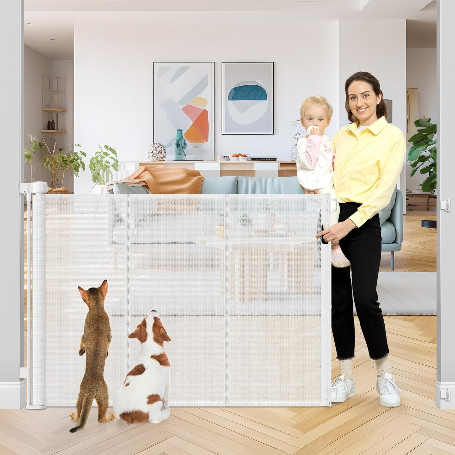 42 Inch Retractable Mesh Gate with Reinforced Strips - Extra Tall and Extra Wide for Kids and Pets - Suitable for Doorways and Homes