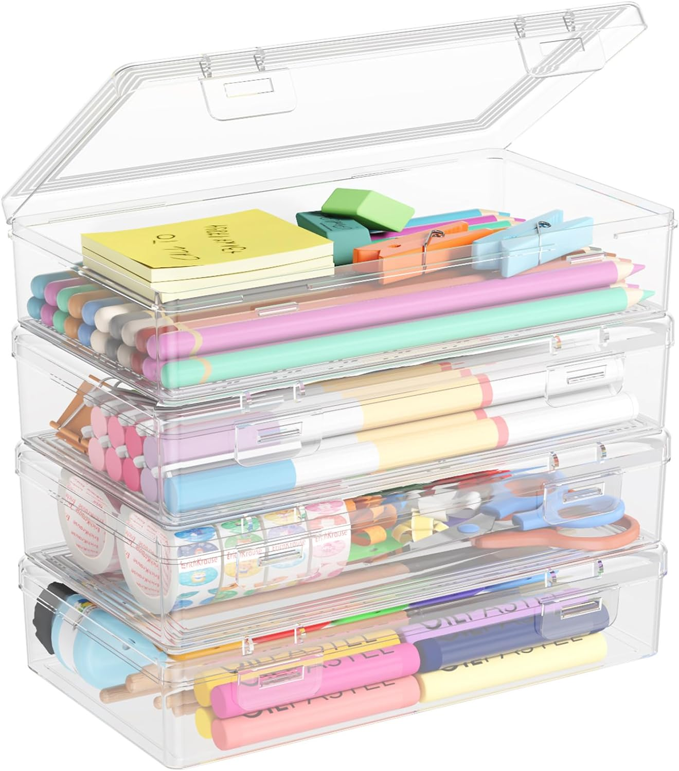 Lifewit Plastic Pencil Box with Snap-Tight Lid, Large Capacity Hard Pencil Case, Craft Organizer for Art Supply,Office, 4 Pack