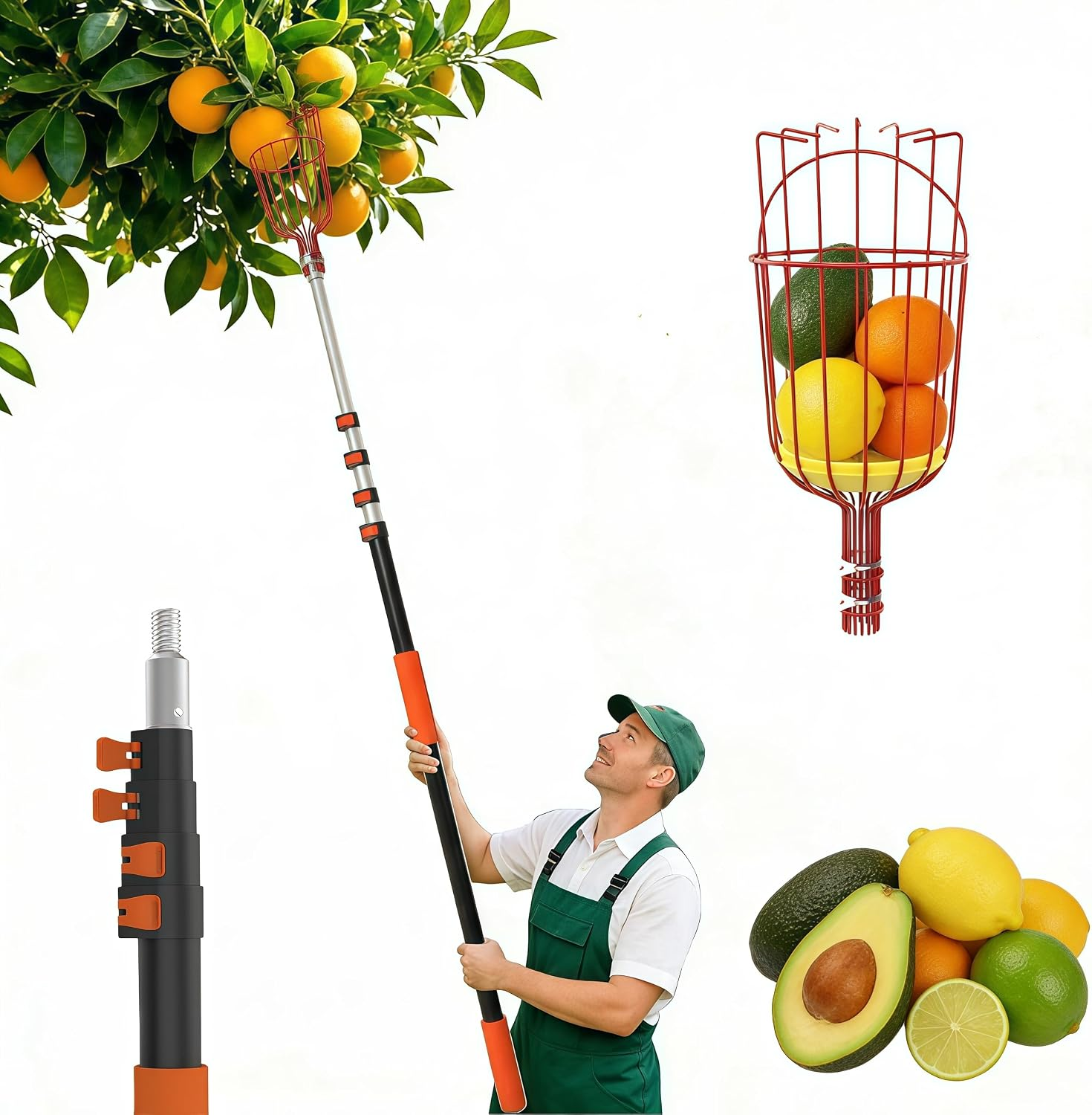 28 Reach Fruit Picker with Telescopic Extension Pole, 5 to 20 FT Fruit Picker Pole Lightweight and Sturdy Aluminum Telescopic Pole, Easy to Assemble Fruit Picking Basket