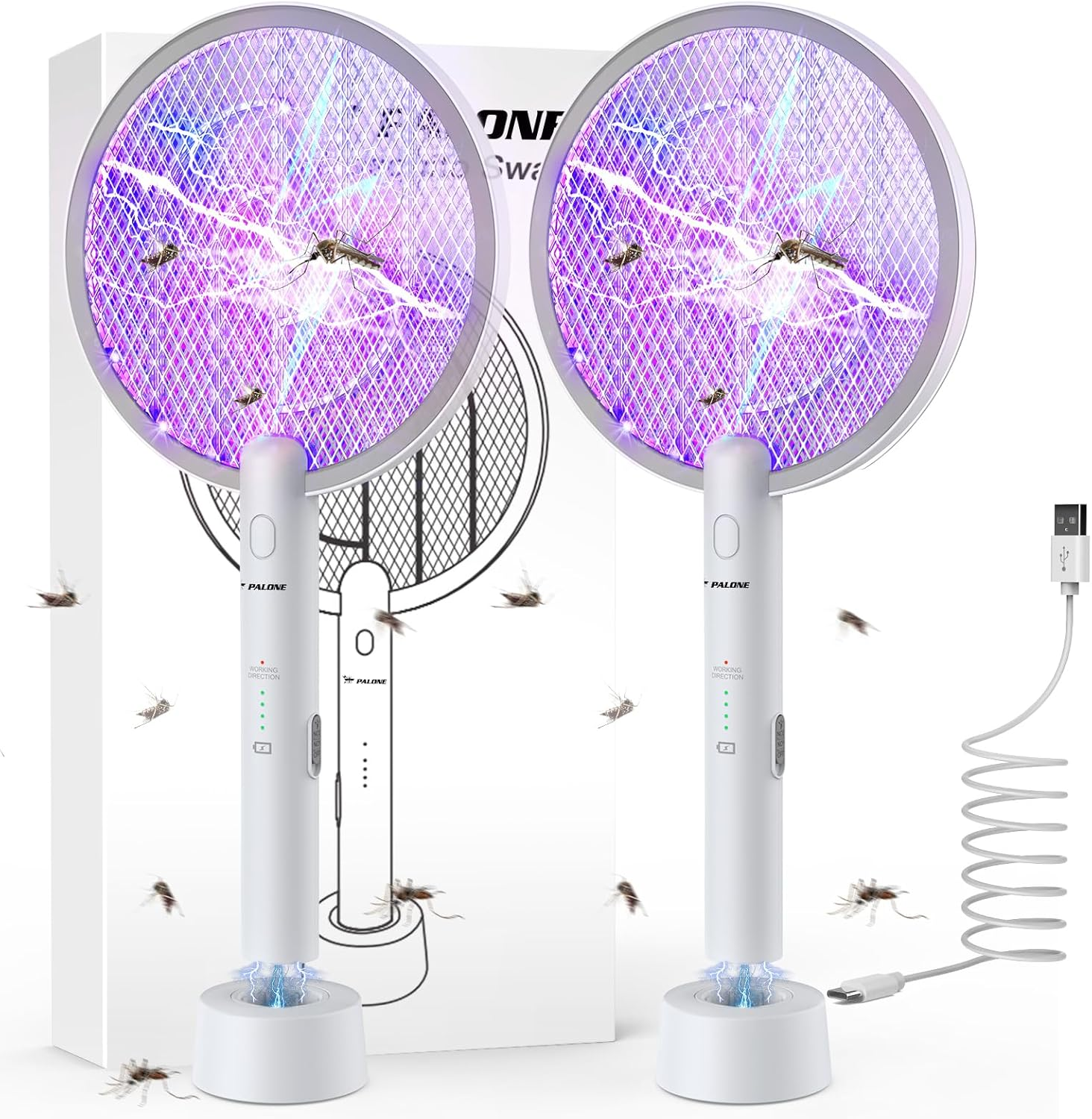 Electric Fly Swatter 3000V Bug Zapper Racket 2 in 1 Fly Swatter with 1200Mah Battery Rechargeable Mosquito Killer Lamp with 3 Layers Safety Mesh for Indoor and Outdoor (2 Pack)