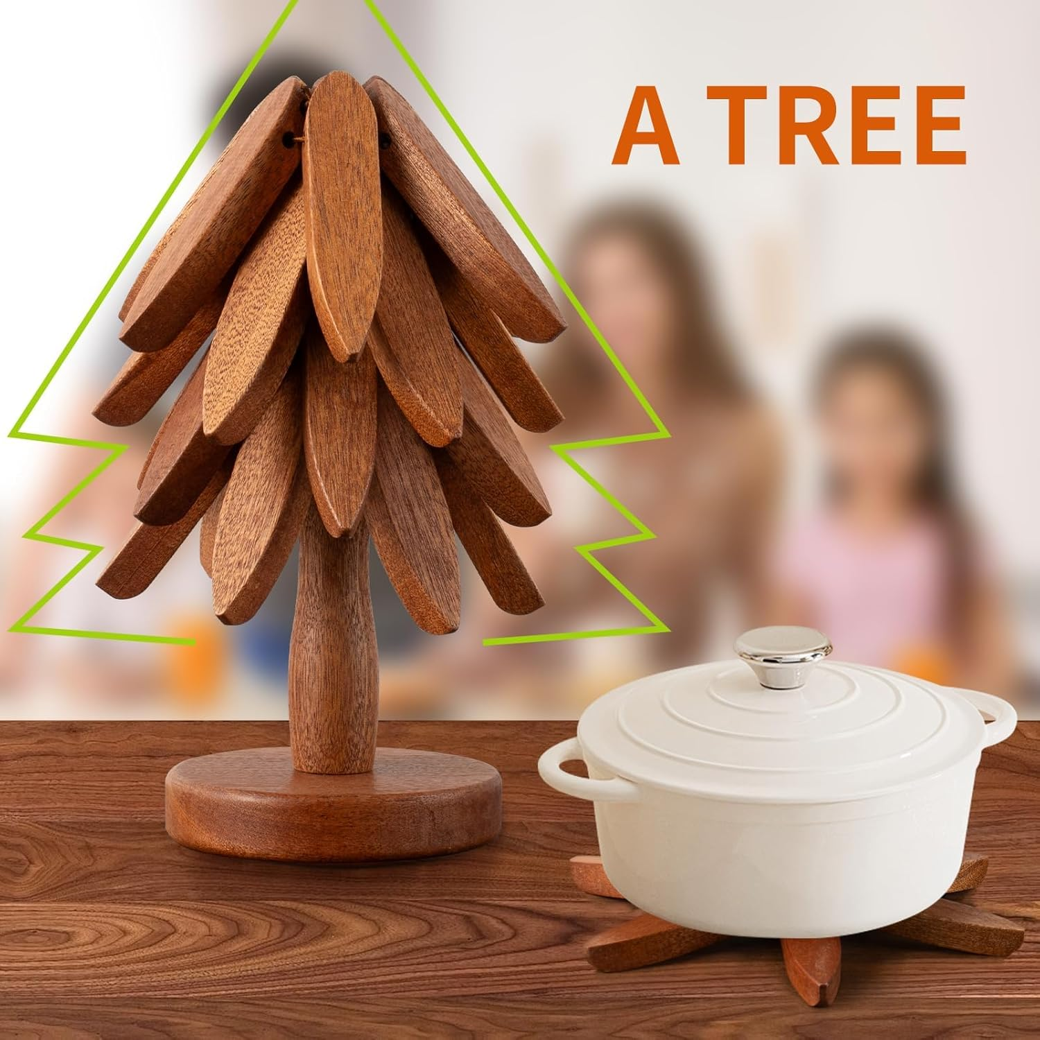 Wooden Trivets for Hot Dishes,Tree Shape Trivet Set,4 Trivets+1 Stand,Natural... - Picture 3 of 14
