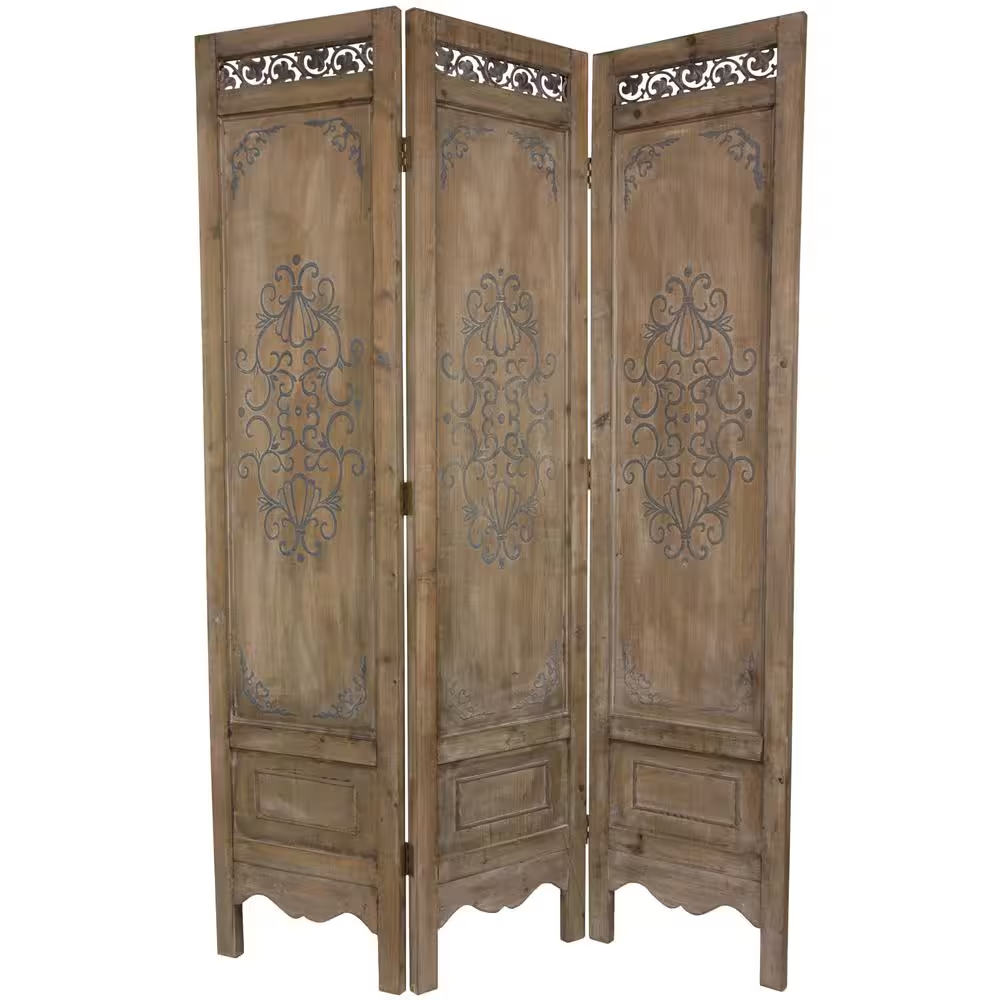 6 Ft. Beige 3-Panel Scrollwork Room Divider