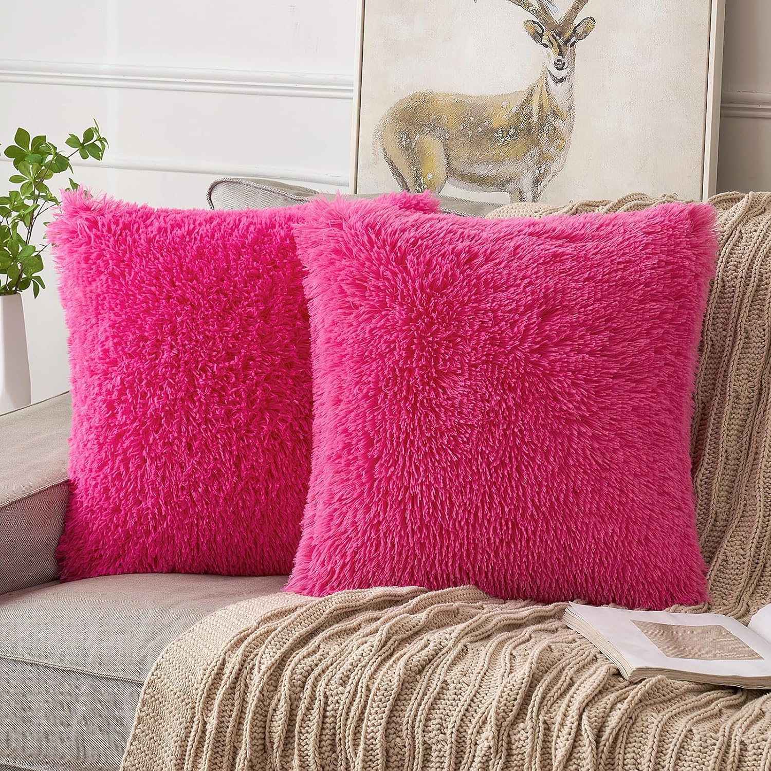ANRODUO Pack of 2 Hot Pink Throw Pillow Covers Luxury Fluffy Pillows Faux Fur Decorative Pillows Plush Cushion Case Fuzzy Mongolian Merin Style for Bed Couch Sofa Living Room Spring Decor 18X18 Inch